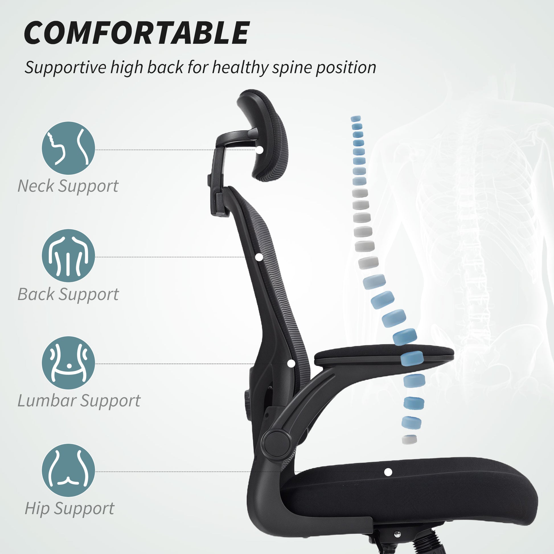 Ergonomic Office Chair, Mesh Desk Chair with Adjustable Headrest, Lumbar Support and Height, Flip-Up Armrests, Black