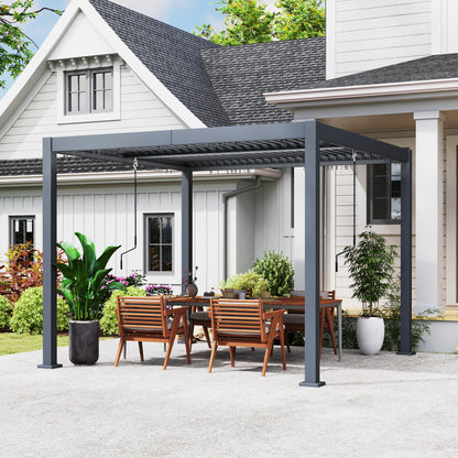 10' x 10' Pergola with Adjustable Metal Roof and Aluminum Frame, Outdoor Louvered Hardtop Gazebo with Drainage System