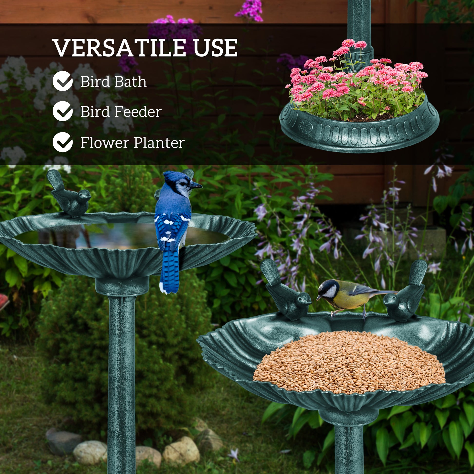 32" Bird Bath with Decorative Birds, Vintage Birdbath with Flower Planter Base for Garden, Bronze Green