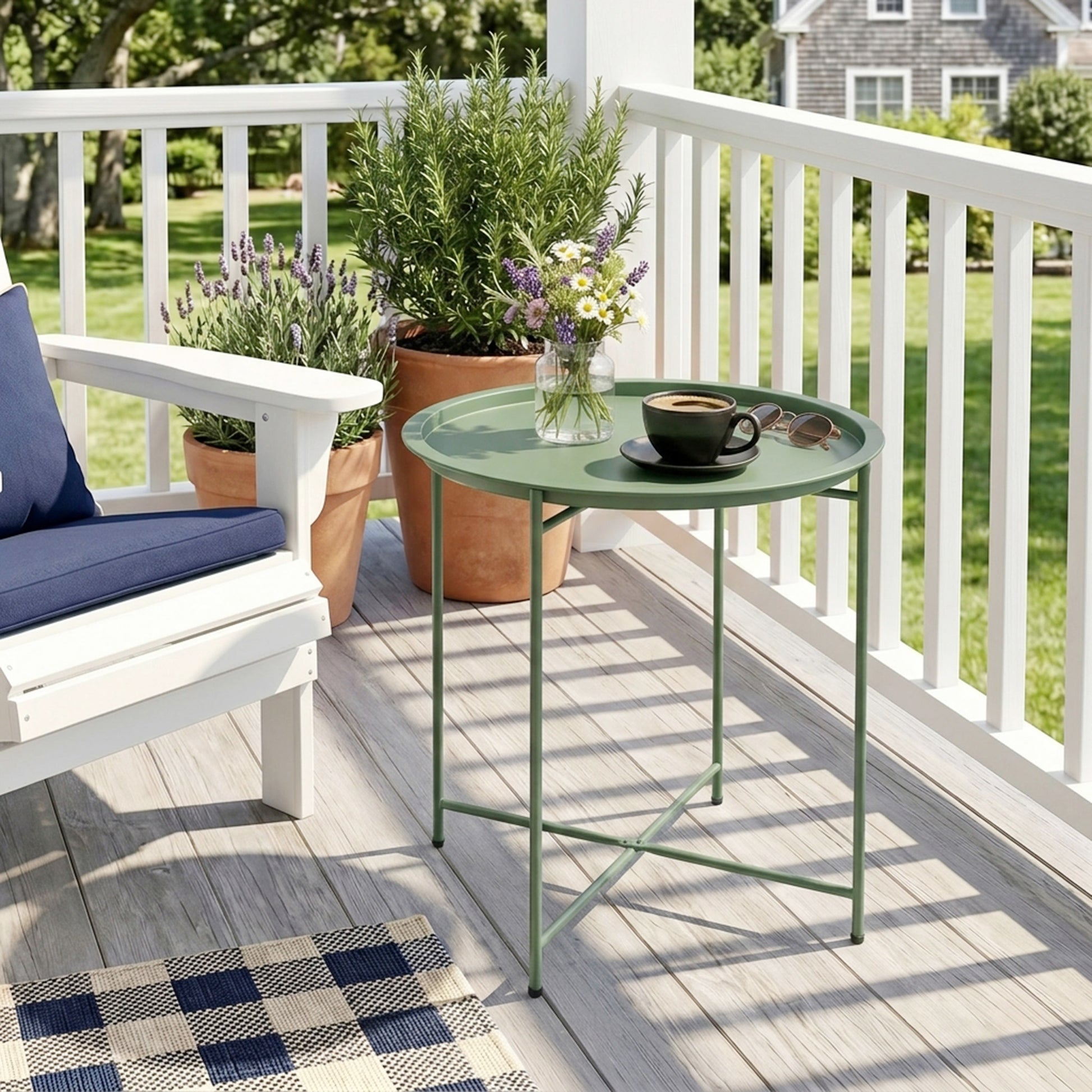 18" Outdoor Side Table with Removable Tray and Folding Legs, Indoor Outdoor for Balcony, Porch, Green