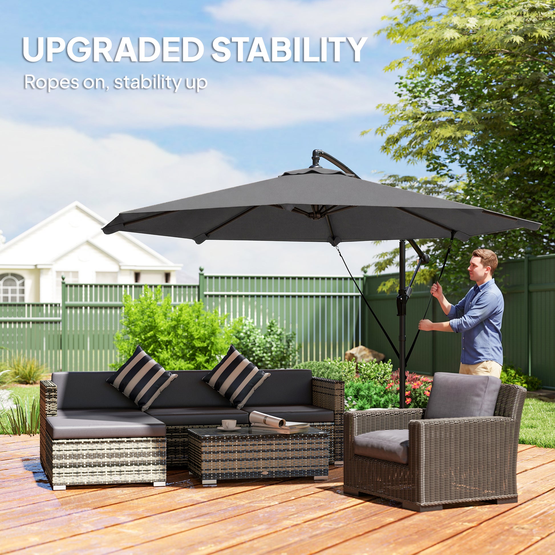 10FT Cantilever Patio Umbrella with 8 Ribs, Offset Patio Umbrella with Cover and Wind Ropes for Garden, Yard, Dark Grey