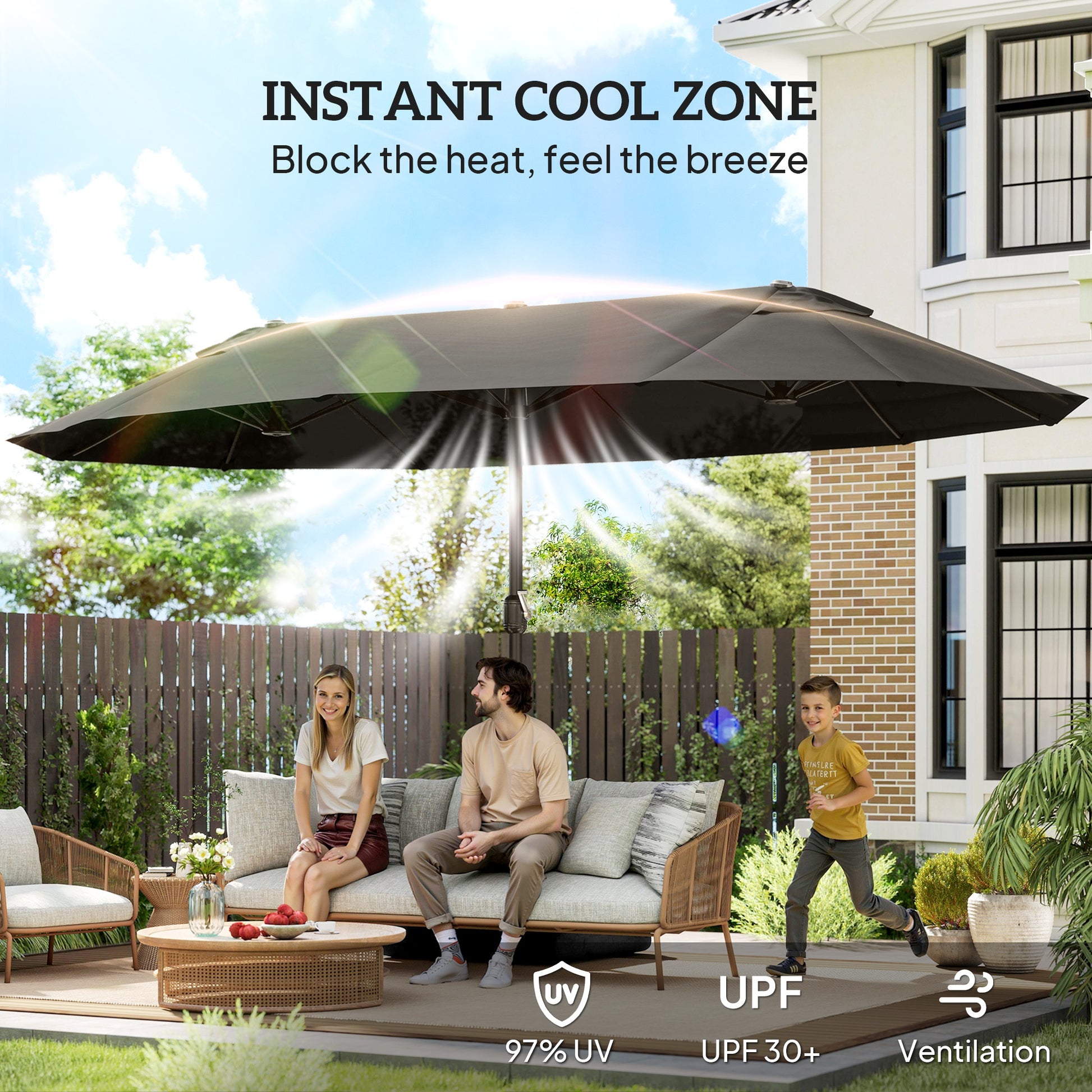 15' Outdoor Patio Umbrella with Twin Canopy Sunshade Steel Table Umbrella with Lift Crank, Cross base, Sandbag, Dark Grey