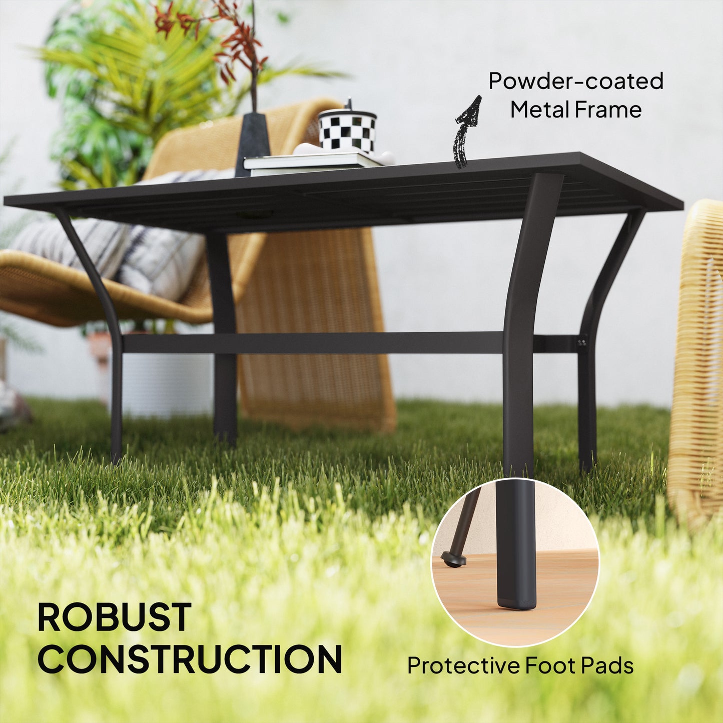 Outdoor Side Table with Slatted Tabletop, Metal Patio Coffee Table for Garden, Balcony, Black