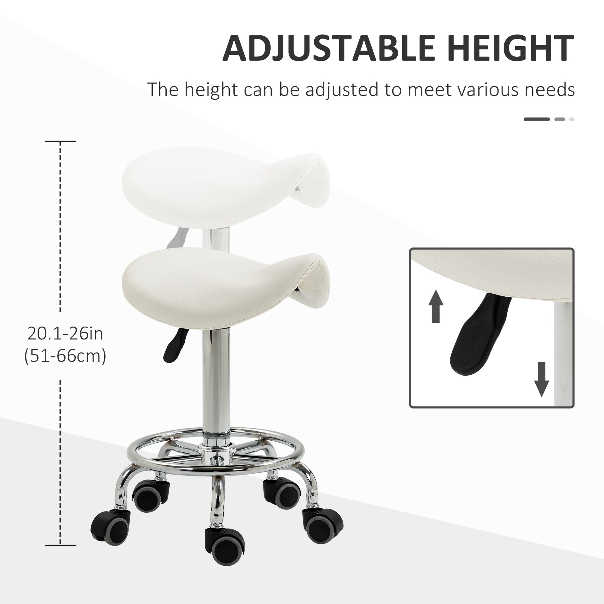 Saddle Stool, PU Leather Adjustable Rolling Salon Chair for Massage, Spa, Clinic, Beauty and Tattoo, White