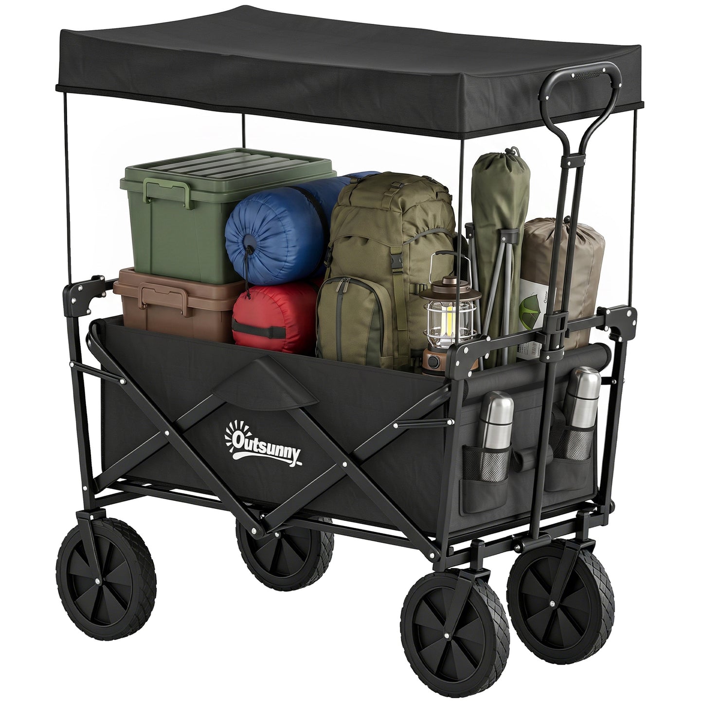 Steel Frame Folding Garden Cart, Collapsible Wagon Cart with Removable Canopy, Telescopic Handle and Carrying Bag