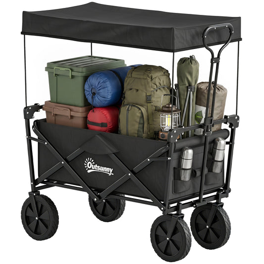 Steel Frame Folding Garden Cart, Collapsible Wagon Cart with Removable Canopy, Telescopic Handle and Carrying Bag