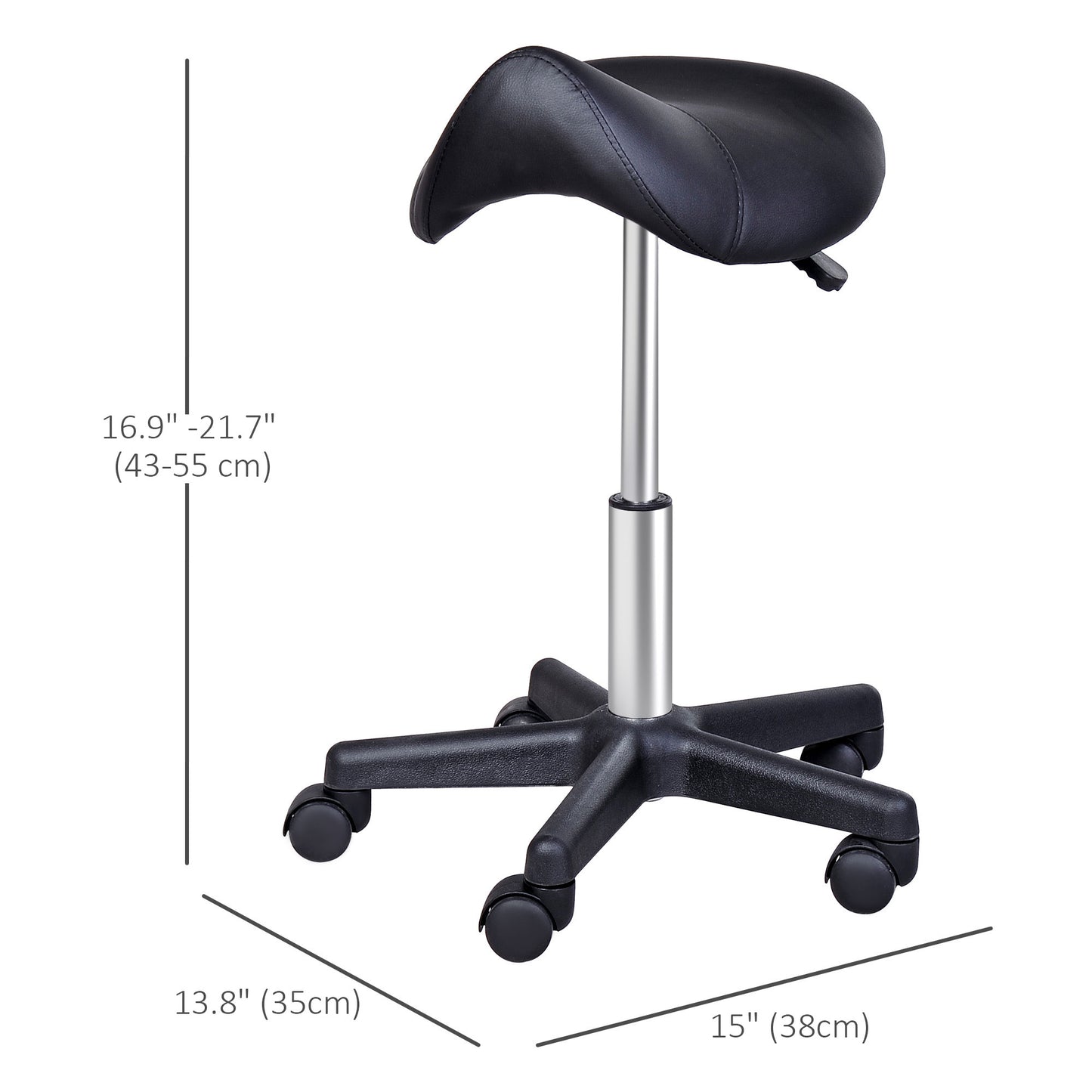 Saddle Stool, PU Leather Rolling Stool with Wheels, Adjustable Salon Chair for Kitchen, Salon Spa, Bar, Home Office, Massage, Black