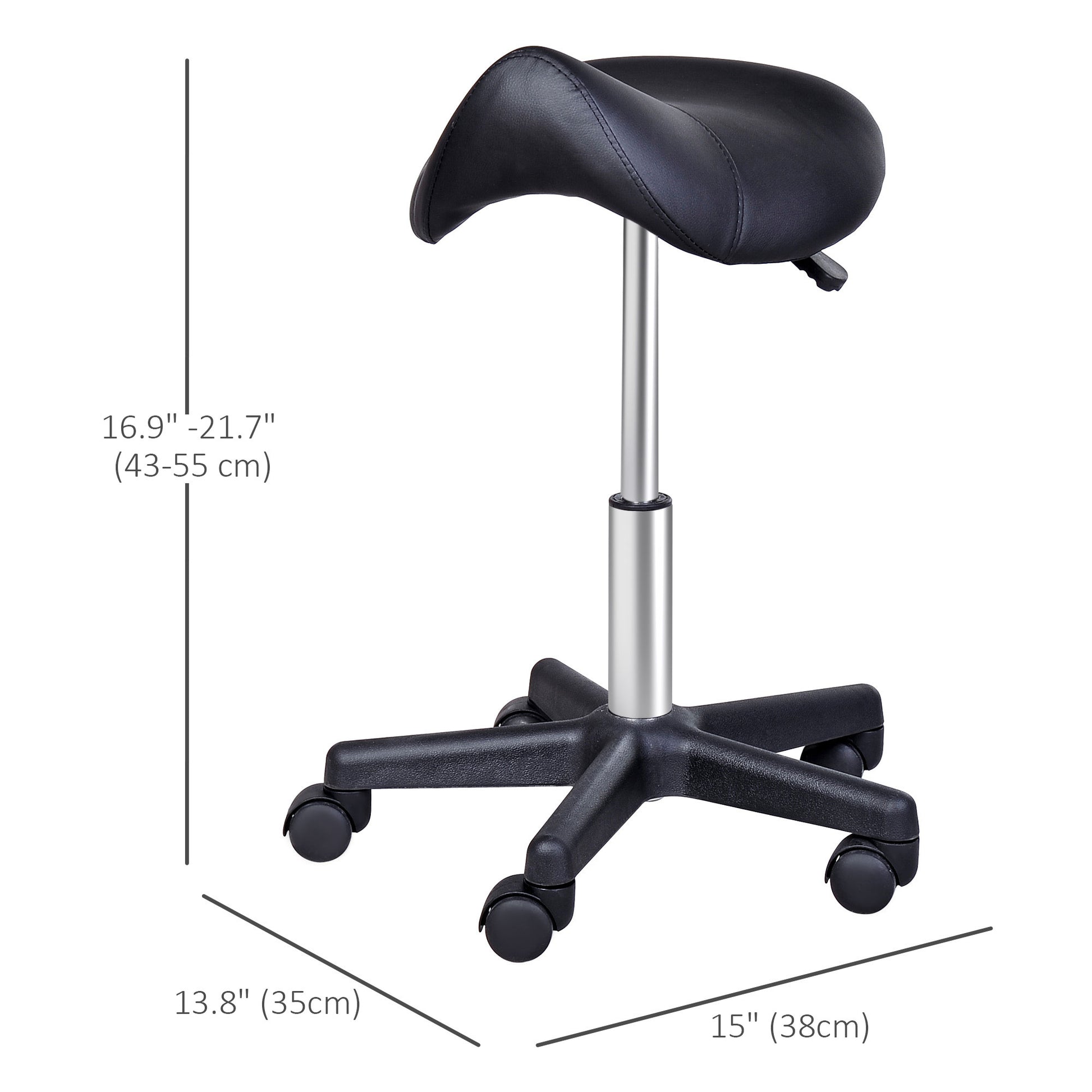 Saddle Stool, PU Leather Rolling Stool with Wheels, Adjustable Salon Chair for Kitchen, Salon Spa, Bar, Home Office, Massage, Black