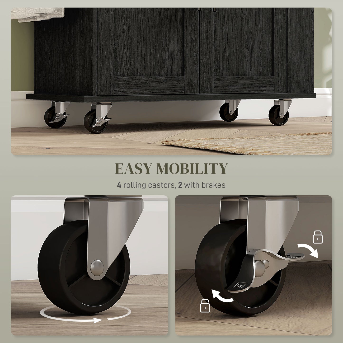 Rolling Island with Wheels for Kitchen, Kitchen Island on Rollers with Power Outlets, Drawer and Doors