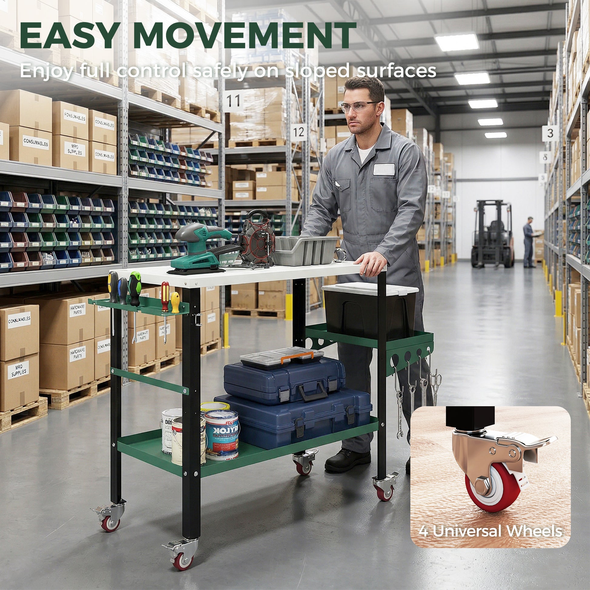 2Tier Rolling Tool Cart with Wheels, Lockable Steel Heavy Duty Cart with Side Tray, Silver & Green