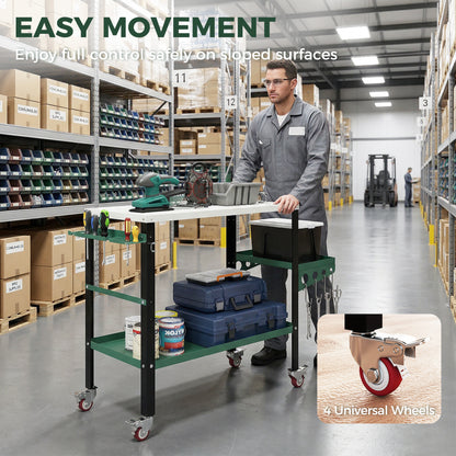 2Tier Rolling Tool Cart with Wheels, Lockable Steel Heavy Duty Cart with Side Tray, Silver & Green