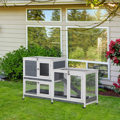 Wooden Rabbit Hutch Elevated Pet House Bunny Cage Small Animal Habitat with Slide-out Tray Lockable Door Openable Top for Indoor 58" x 18" x 35" Grey