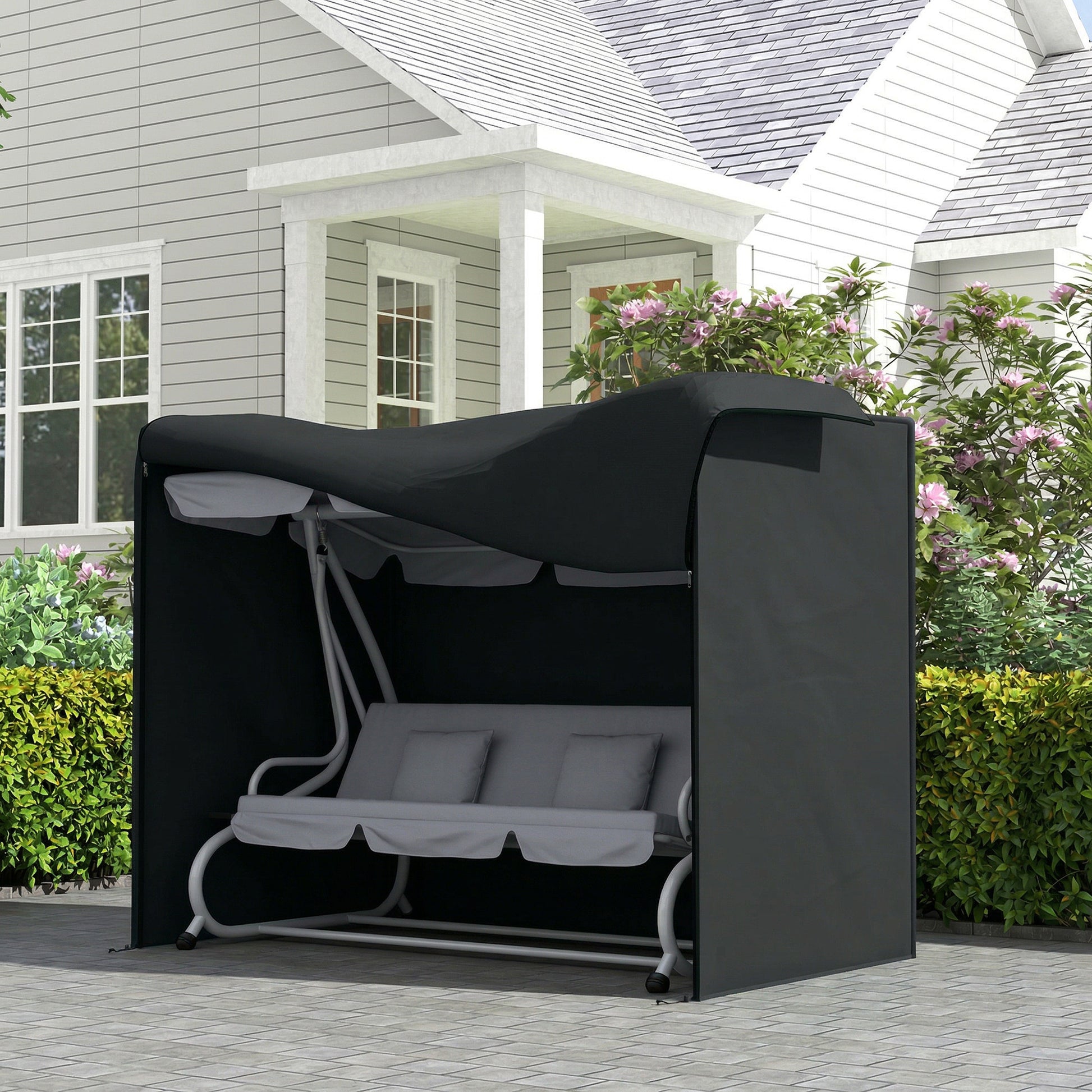 3 Seater Garden Swing Cover, Waterproof 420D Outdoor Swing Bench Cover with Zip, Windproof and Anti-UV, Black