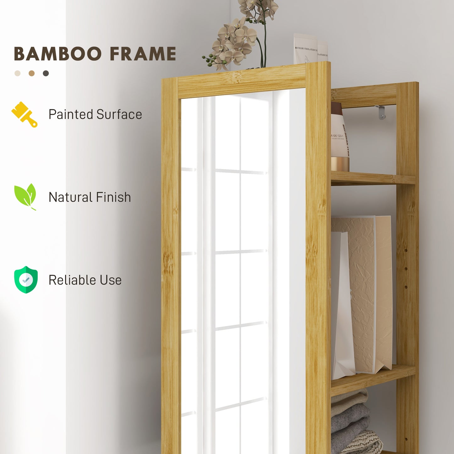 66" x 14" Standing Mirror with 6-Tier Shelf, Floor Mirror Full Body Mirror for Bathroom, Living Room, Nature Wood