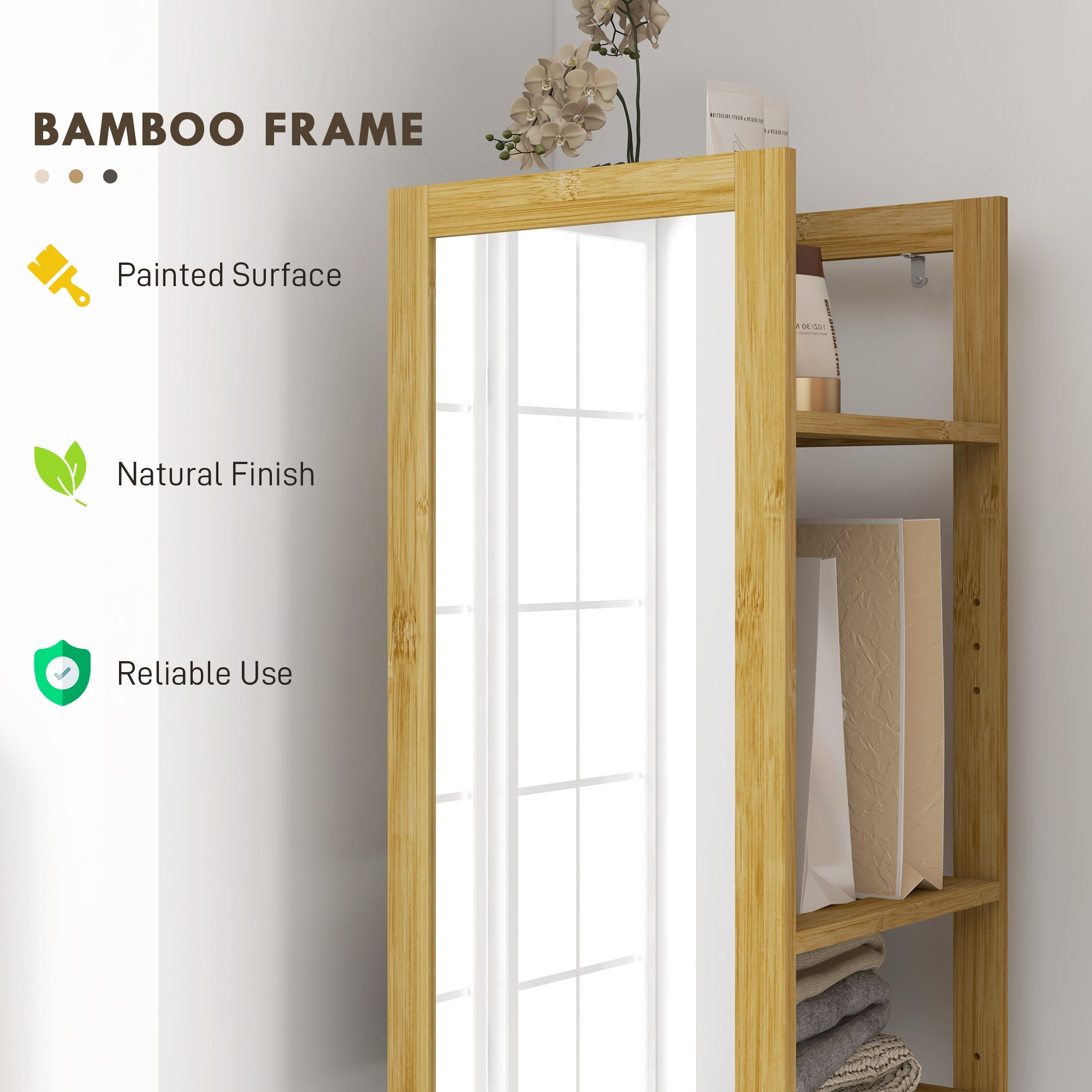 66" x 14" Standing Mirror with 6-Tier Shelf, Floor Mirror Full Body Mirror for Bathroom, Living Room, Nature Wood