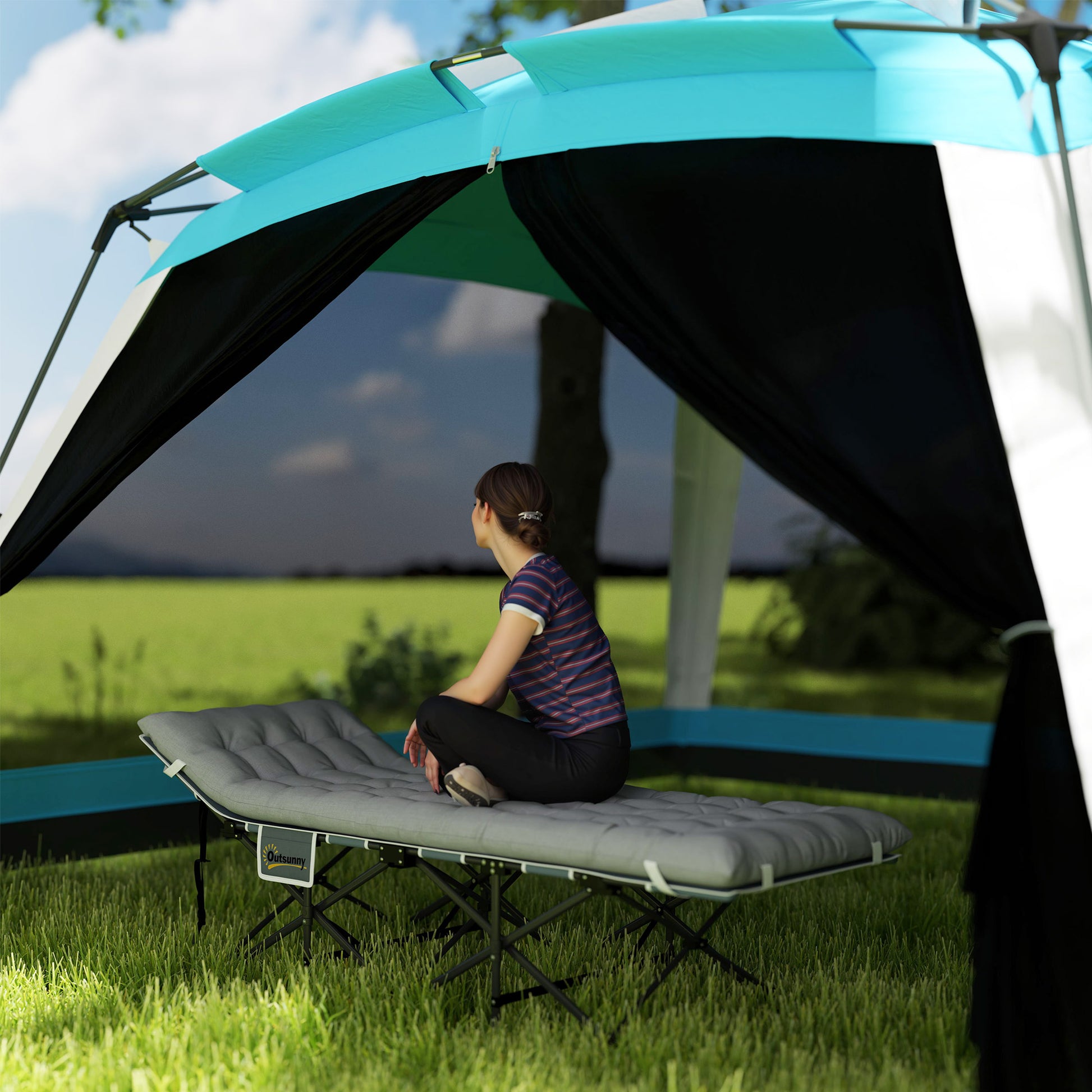 25.6" Wide Folding Bed, Camping Cot for Adults with Mattress, Carry Bag, Storage Pocket, Max Load 330 LBS, Light Grey