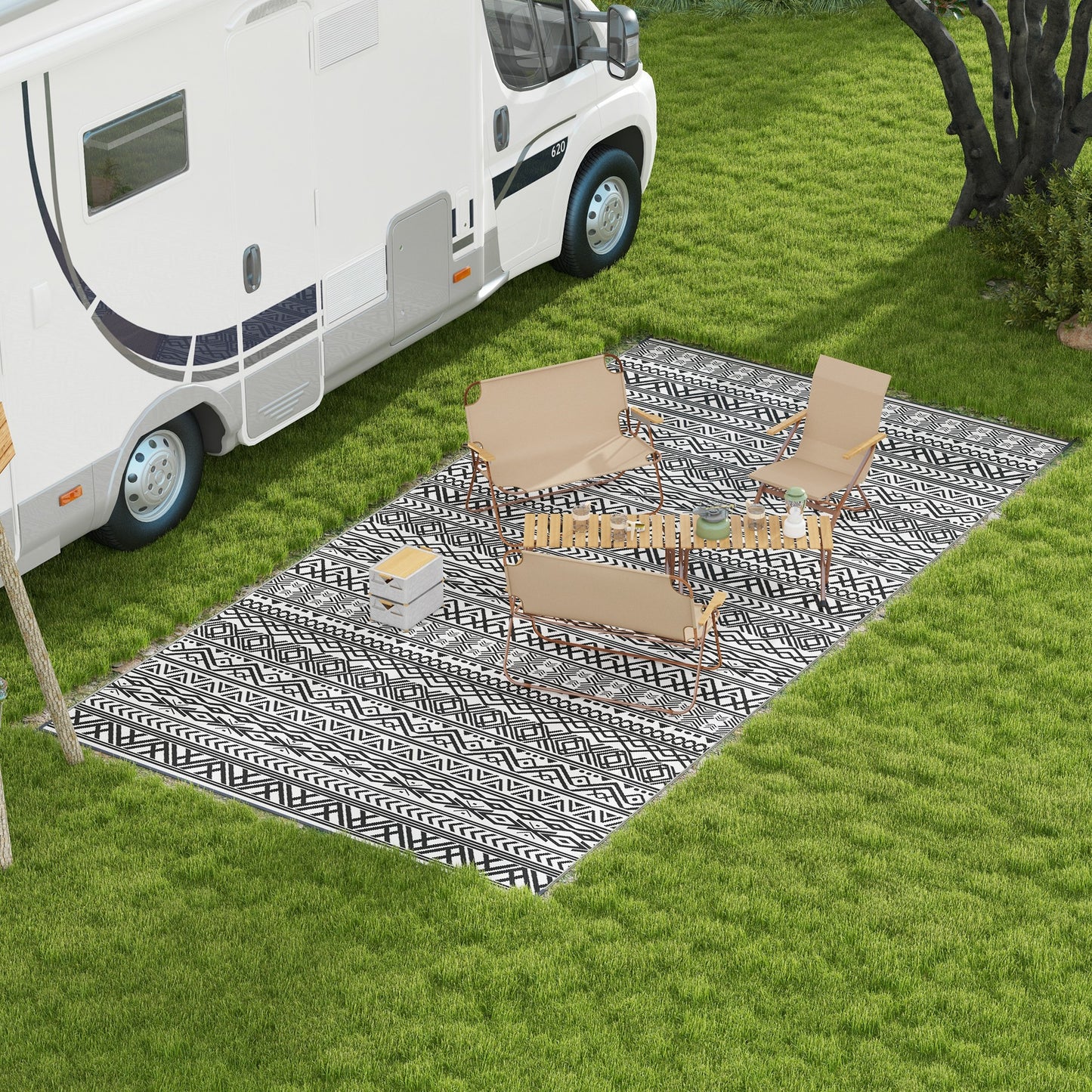 Reversible Outdoor Rug Waterproof Plastic Straw RV Rug with Carry Bag, 9' x 18', Grey and Cream White Boho