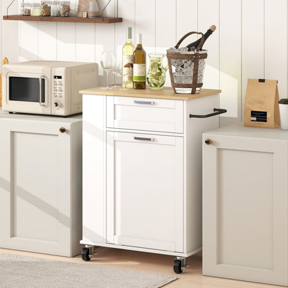 Rolling Kitchen Island with Trash Can Storage, Kitchen Island on Wheels with Spice & Rack, Drawer for Kitchen, White