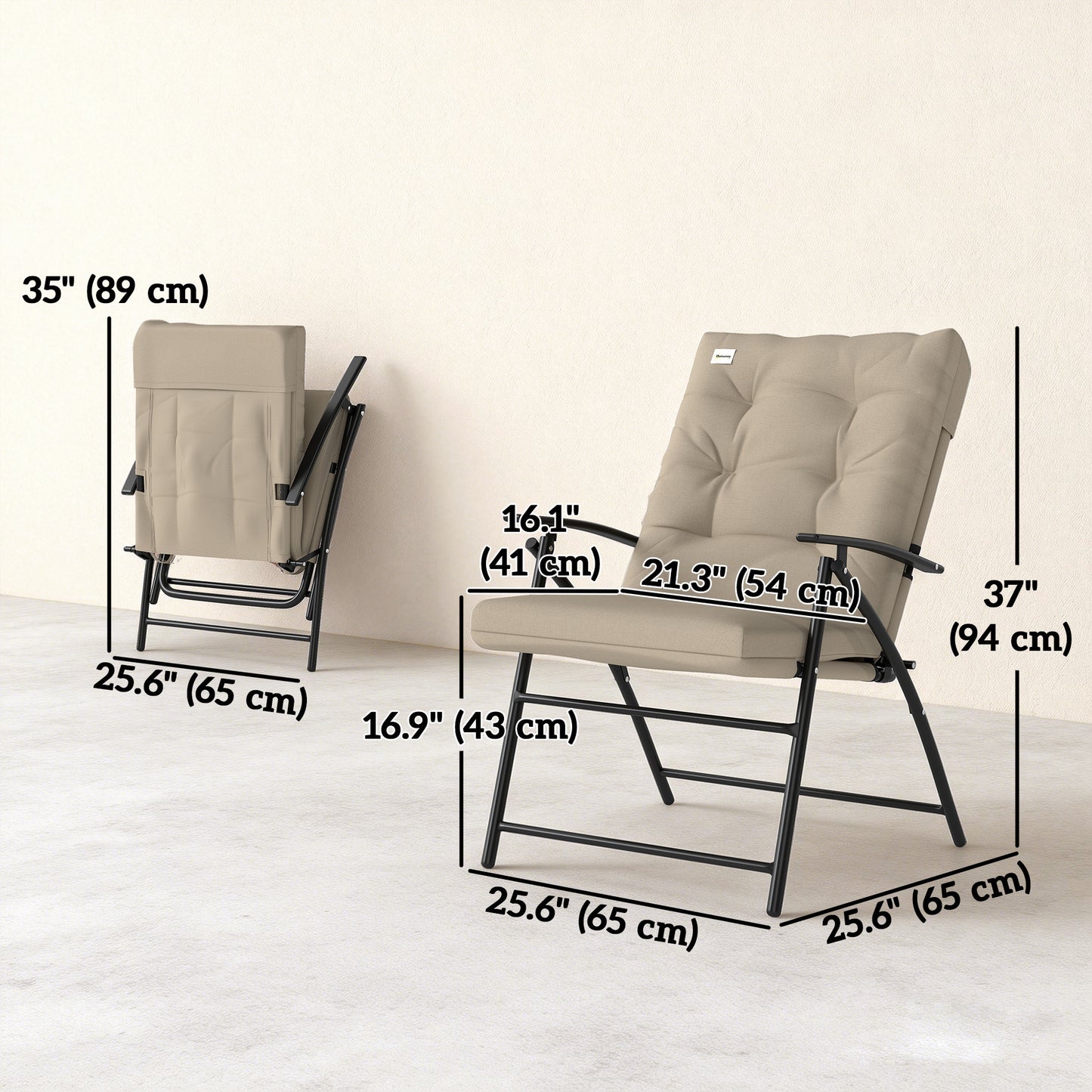 Set of 2 Outdoor Folding Chairs with Adjustable Backrest, Padded Camping Chairs for Outdoor Events, Khaki