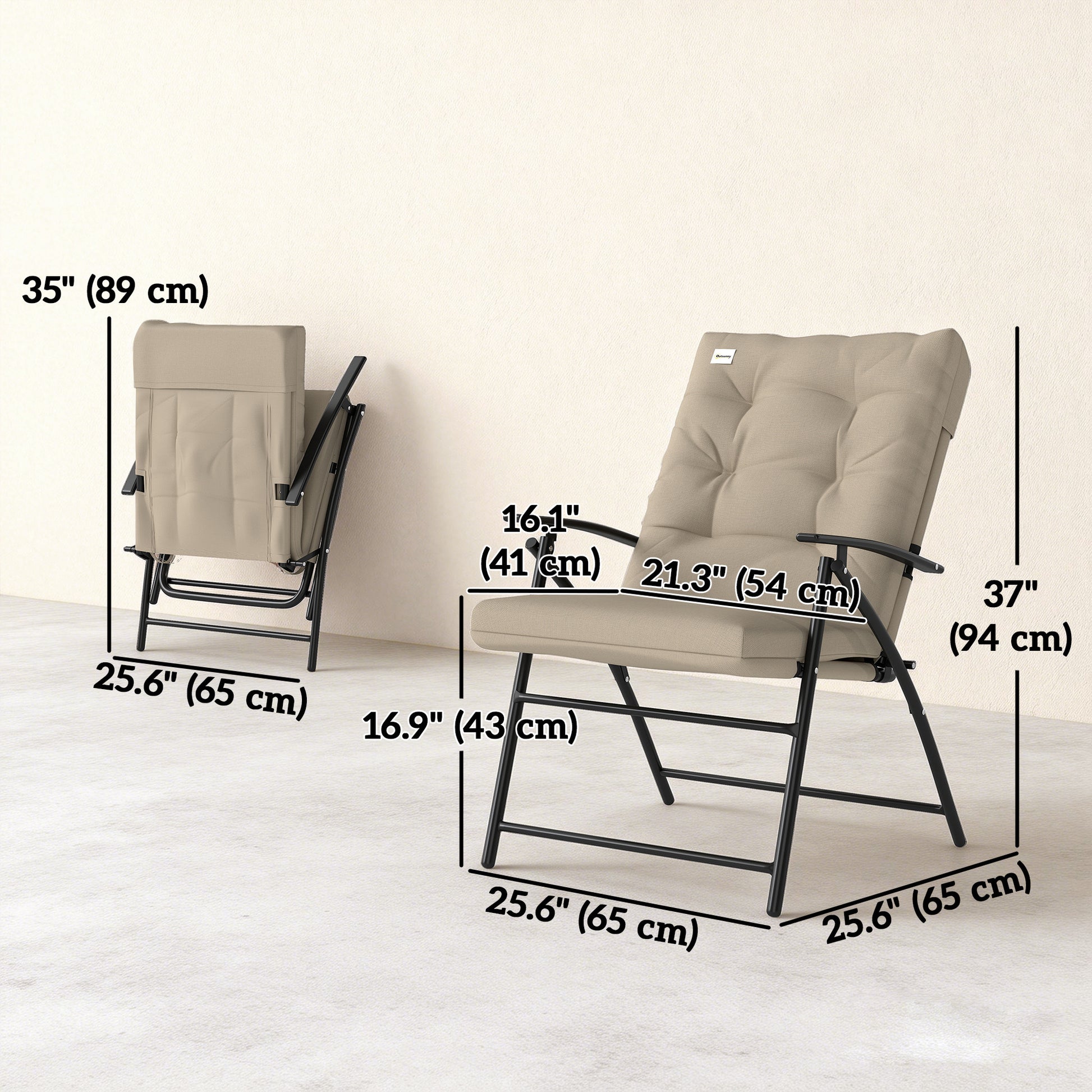 Set of 2 Outdoor Folding Chairs with Adjustable Backrest, Padded Camping Chairs for Outdoor Events, Khaki