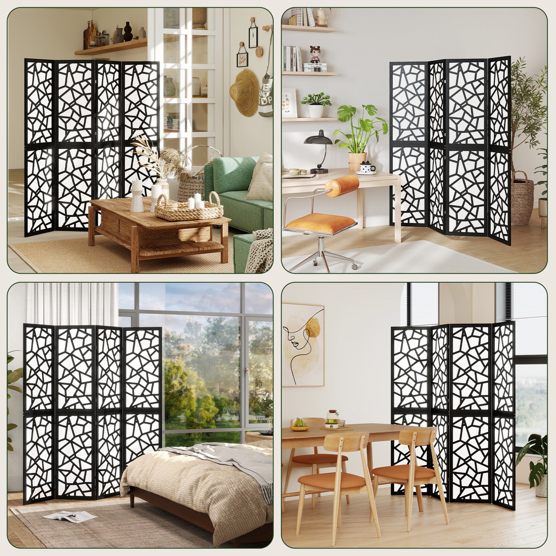 4 Panel Room Divider, 5.6 FT Lightweight Folding Privacy Screen with Geometric Pattern for Living Room, Bedroom, Black