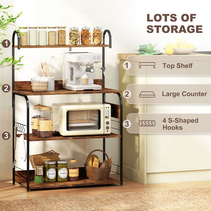 Baker's Rack with Charing Station, Microwave Shelf with Power Outlet, USB Charger and 4 Hooks, Rustic Brown