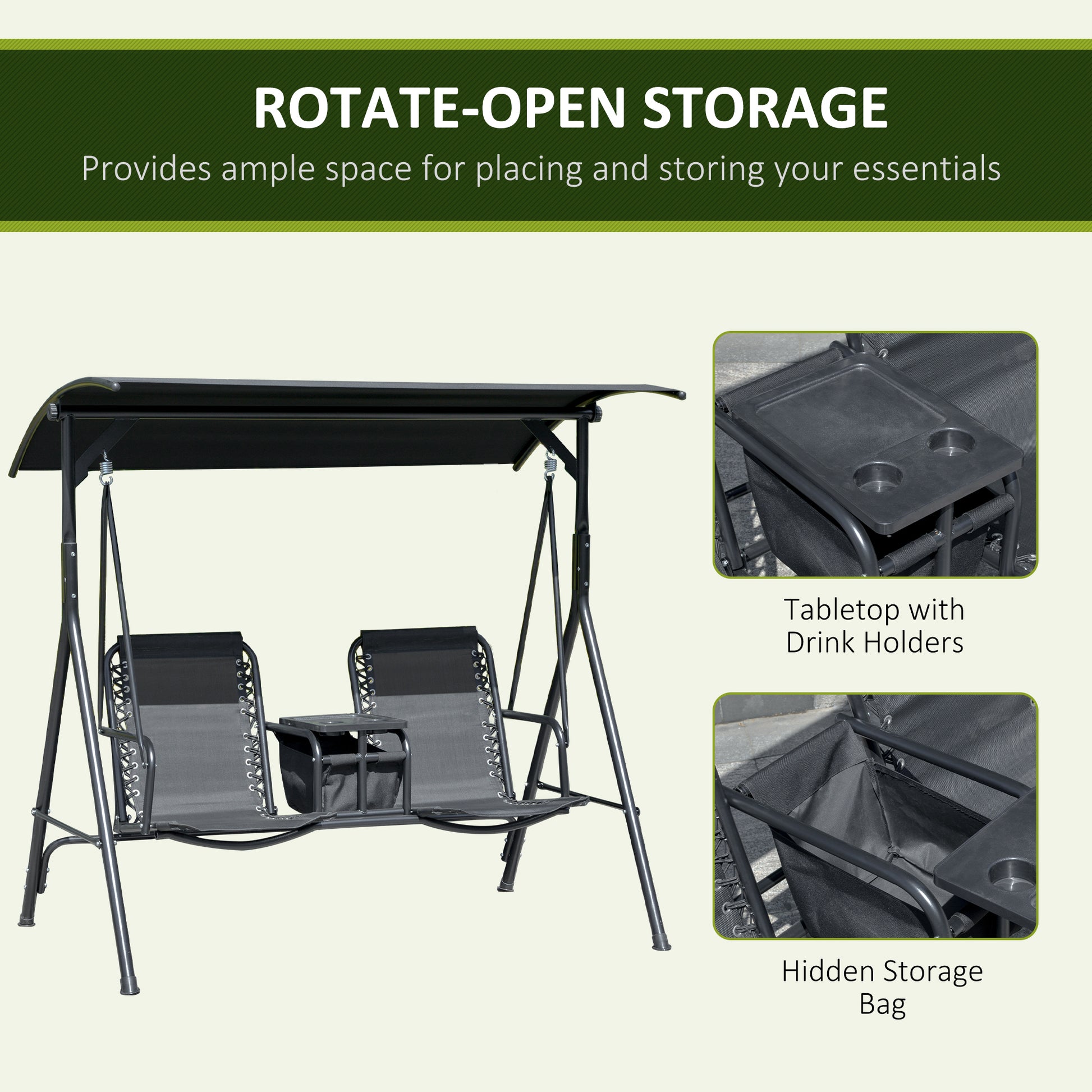 2 Person Covered Porch Swing Patio Swing with Pivot Storage Table, Cup Holder, & Adjustable Overhead Canopy, Black