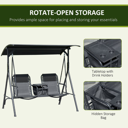 2 Person Covered Porch Swing Patio Swing with Pivot Storage Table, Cup Holder, & Adjustable Overhead Canopy, Black
