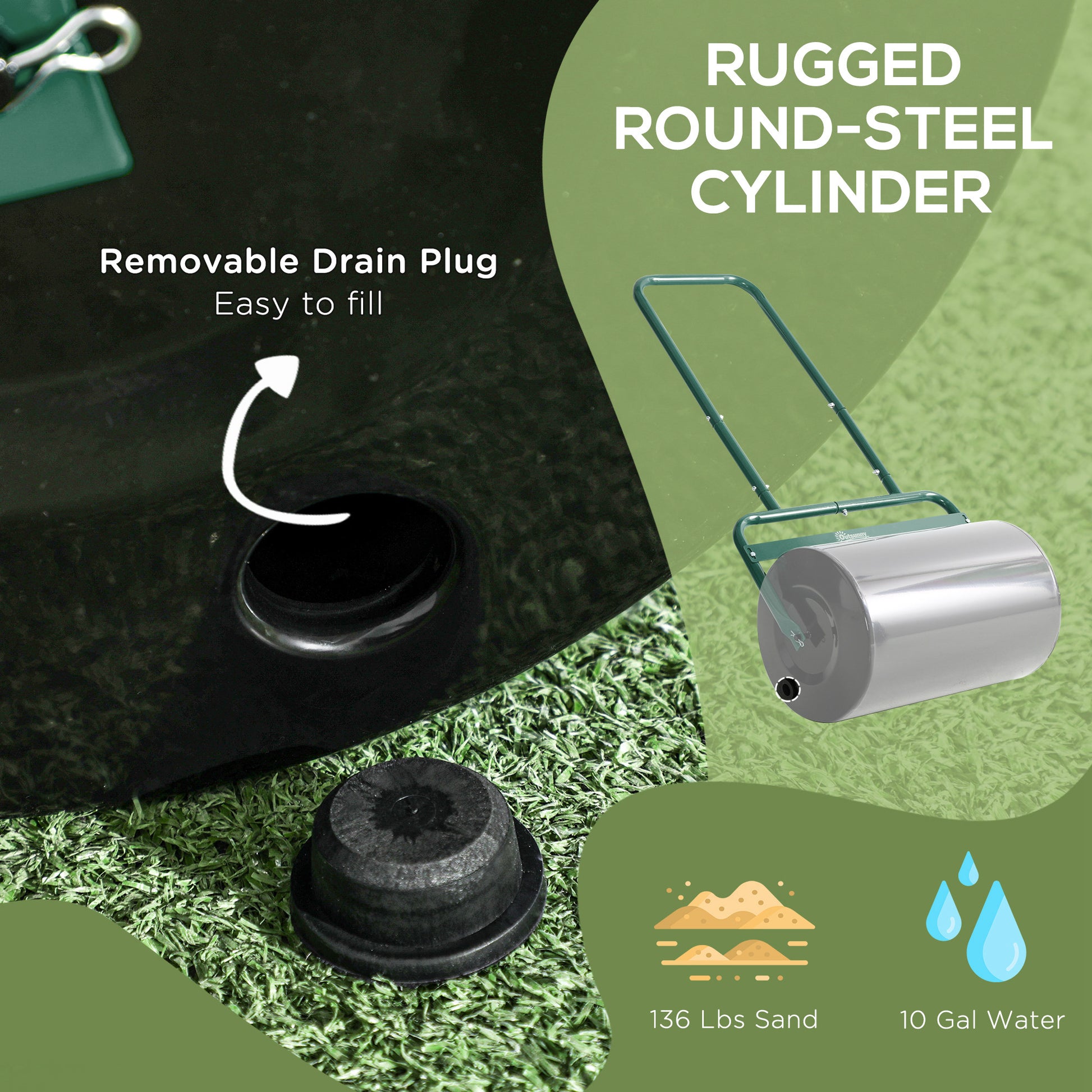 Heavy Duty Lawn Roller, 20" Push/Tow Behind Sod Roller, Grass Flattener Filled with 11gal Water/136lbs Sand, Green