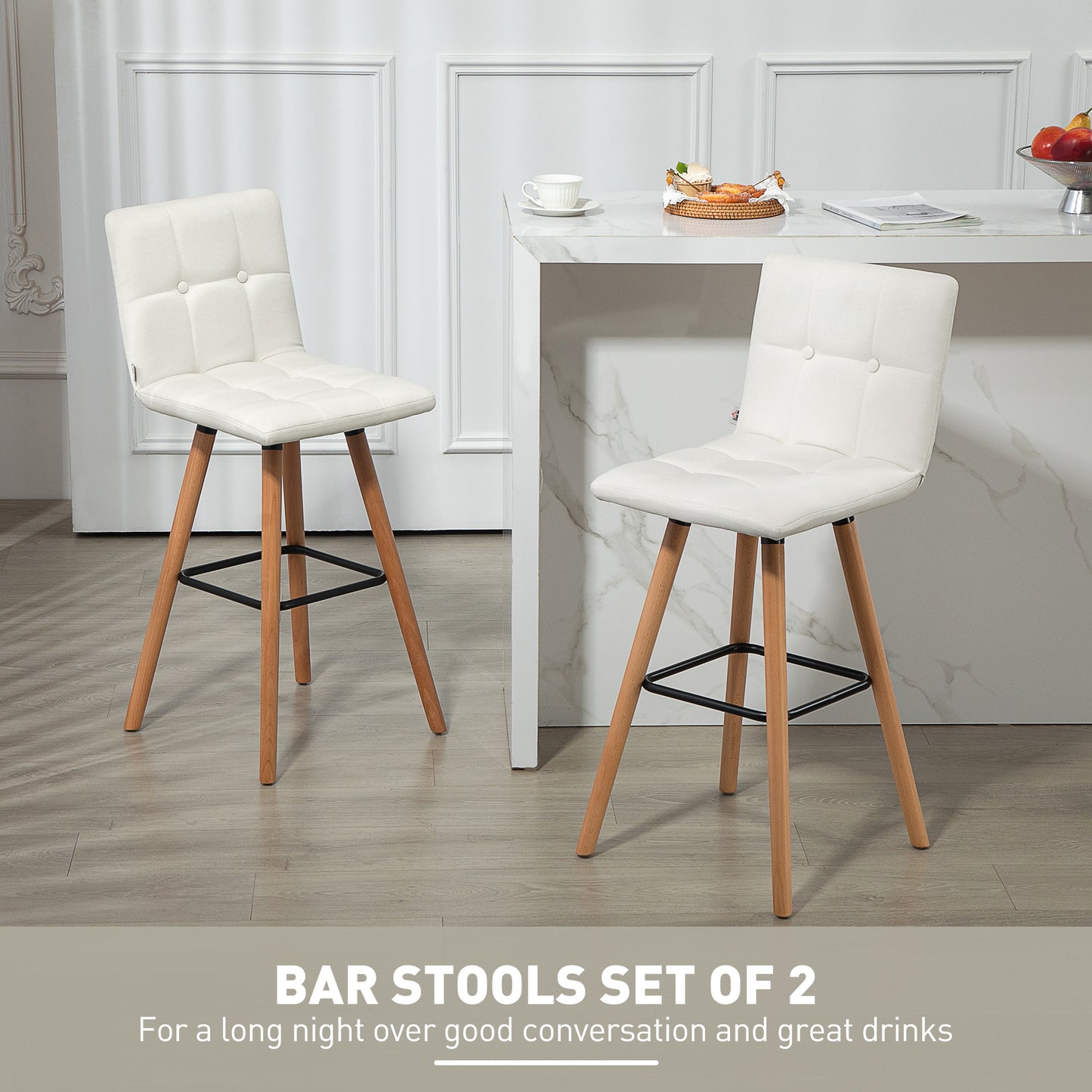 Modern Bar Stools Set of 2, 38" Upholstered Kitchen Island Stool with Solid Wood Legs, White
