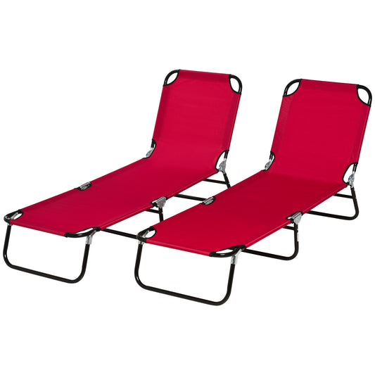 Set of 2 Folding Outdoor Lounge Chair, Sun Tanning Chairs with Reclining Back, Breathable Mesh for Beach Patio, Red