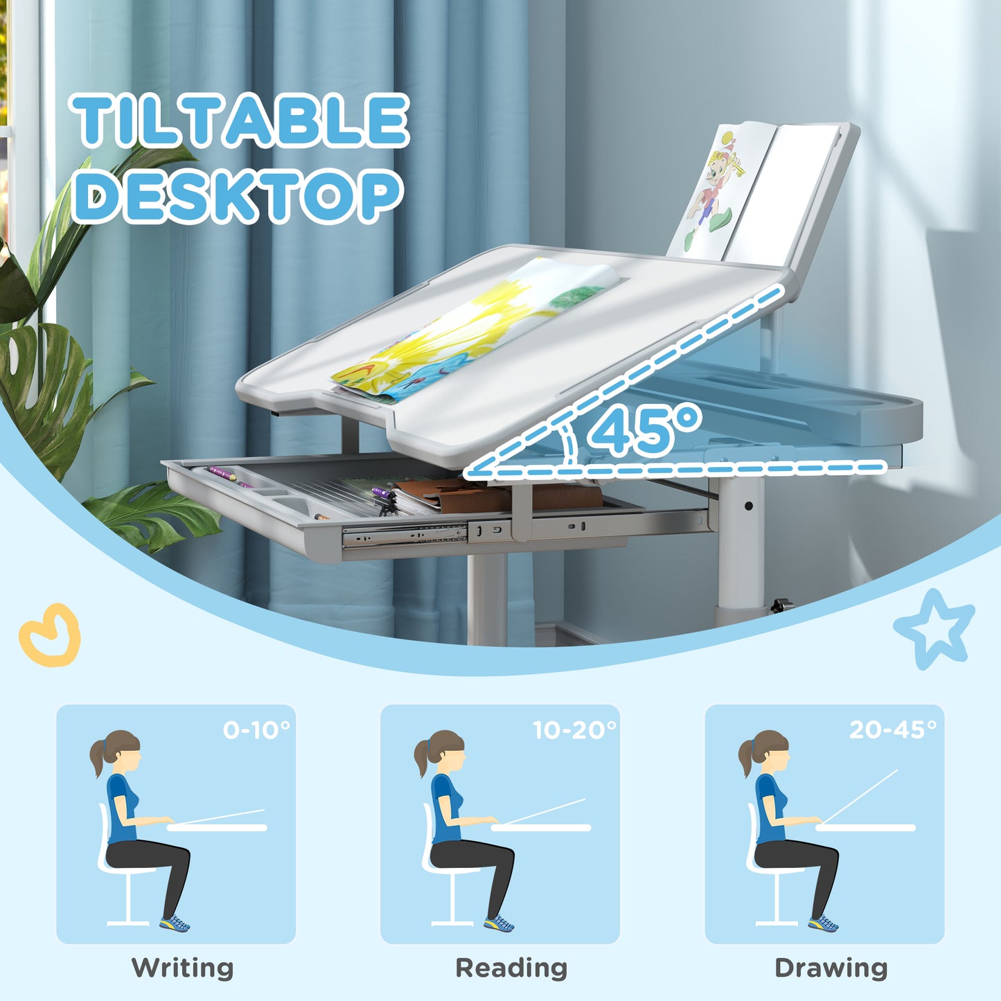 Qaba Height Adjustable Kids Desk and Chair Set with Tilt Desktop, Large Writing Board, Storage Drawer, Book Stand, Grey
