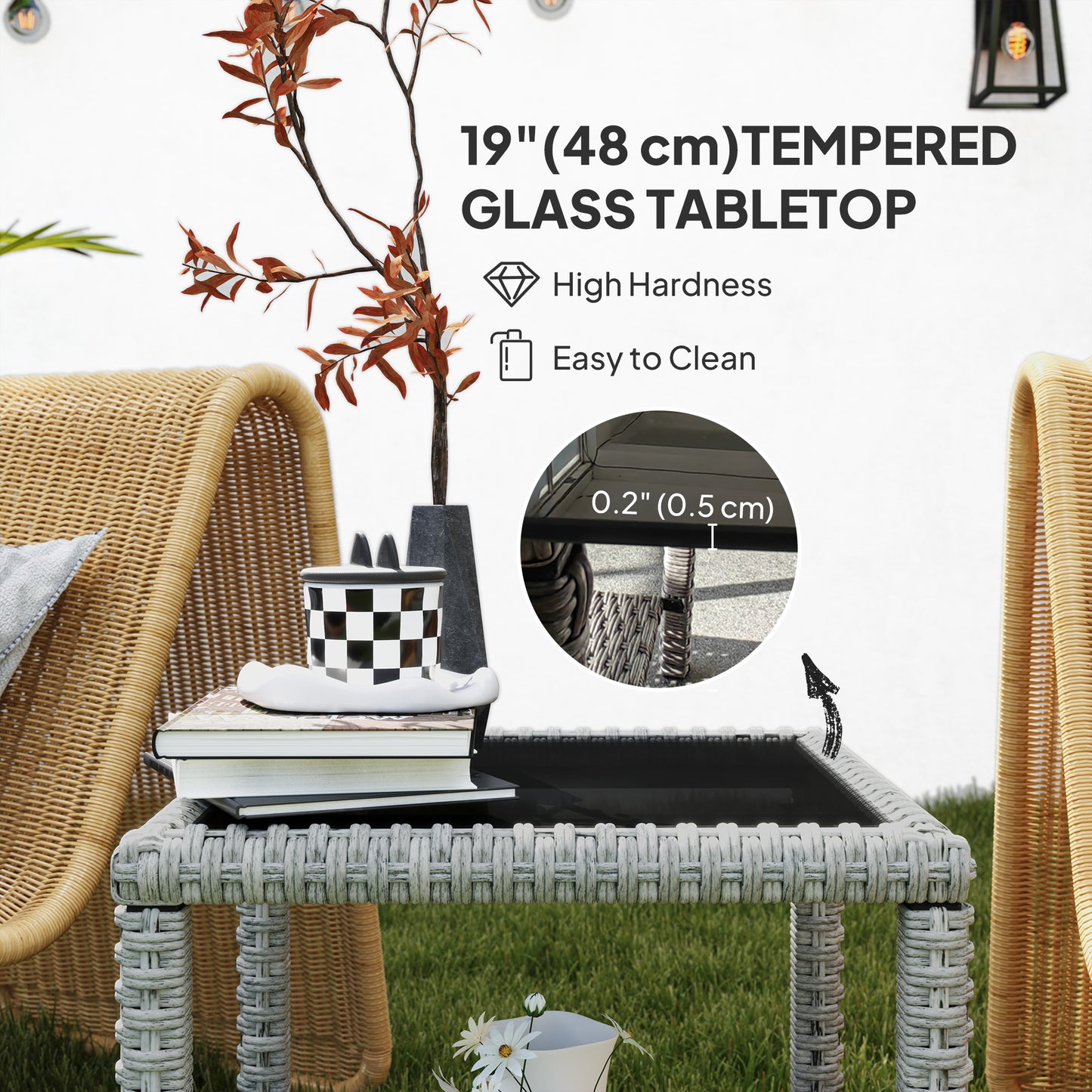 19" Outdoor Wicker Coffee Table with Glass Top, Storage Shelf for Garden Porch Balcony Deck, Dark Grey