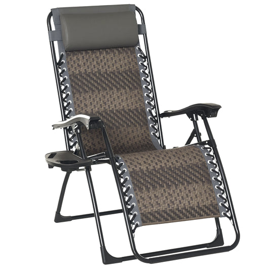 Wicker Folding Lounge Chair with Adjustable Backrest, Rattan Recliner Chair with Headrest & Side Table Tray, Grey