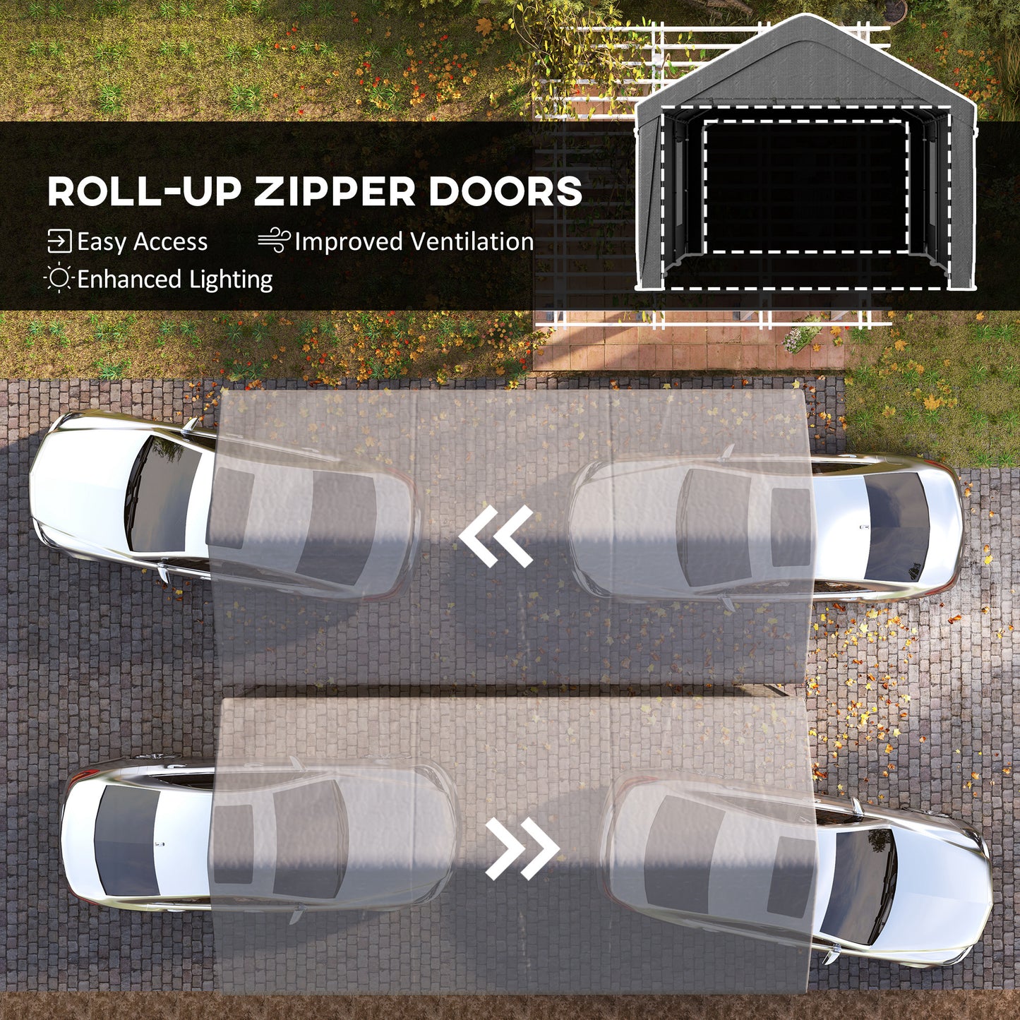 12 x 20ft Carport with 2 Roll-Up Doors, 4 Windows, Portable Garage with Removable Sidewalls for Car, Truck, Dark Grey