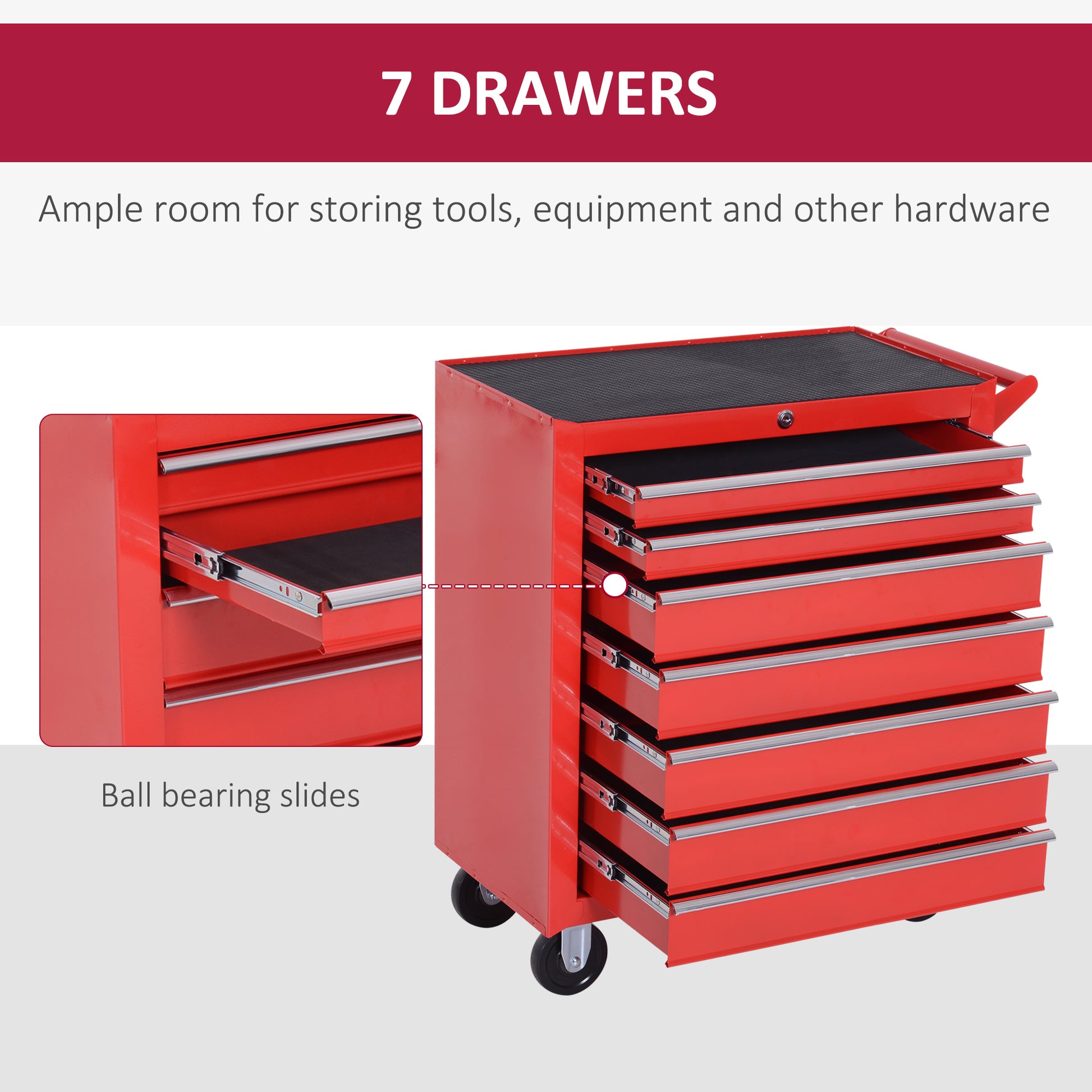 Rolling Tool Chest, 7-Drawer Lockable Tool Cabinet with 4 Wheels, Handle, Toolbox Storage Organizer for Garage, Workshop, Repair Shop, Red