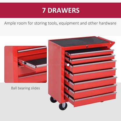 Rolling Tool Chest, 7-Drawer Lockable Tool Cabinet with 4 Wheels, Handle, Toolbox Storage Organizer for Garage, Workshop, Repair Shop, Red
