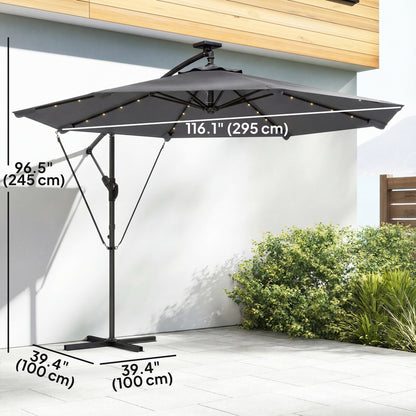 9.7ft Solar LED Cantilever Patio Umbrella with 32 LED Lights, Cross Base, Crank Handle, for Poolside, Deck, Dark Grey