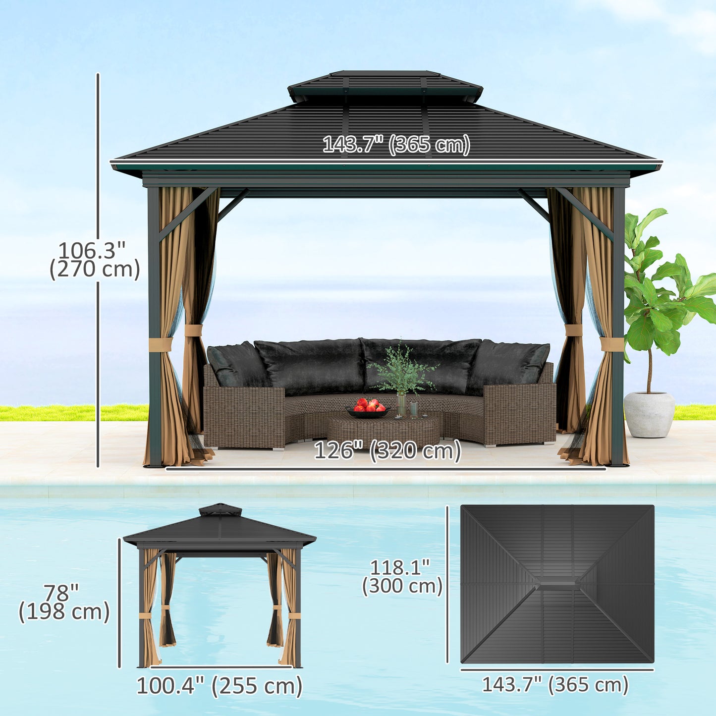 10' x 12' Hardtop Gazebo, Sun Shelter with Double Tier Metal Roof, Mosquito Netting, and Hanging Hook, Dark Brown