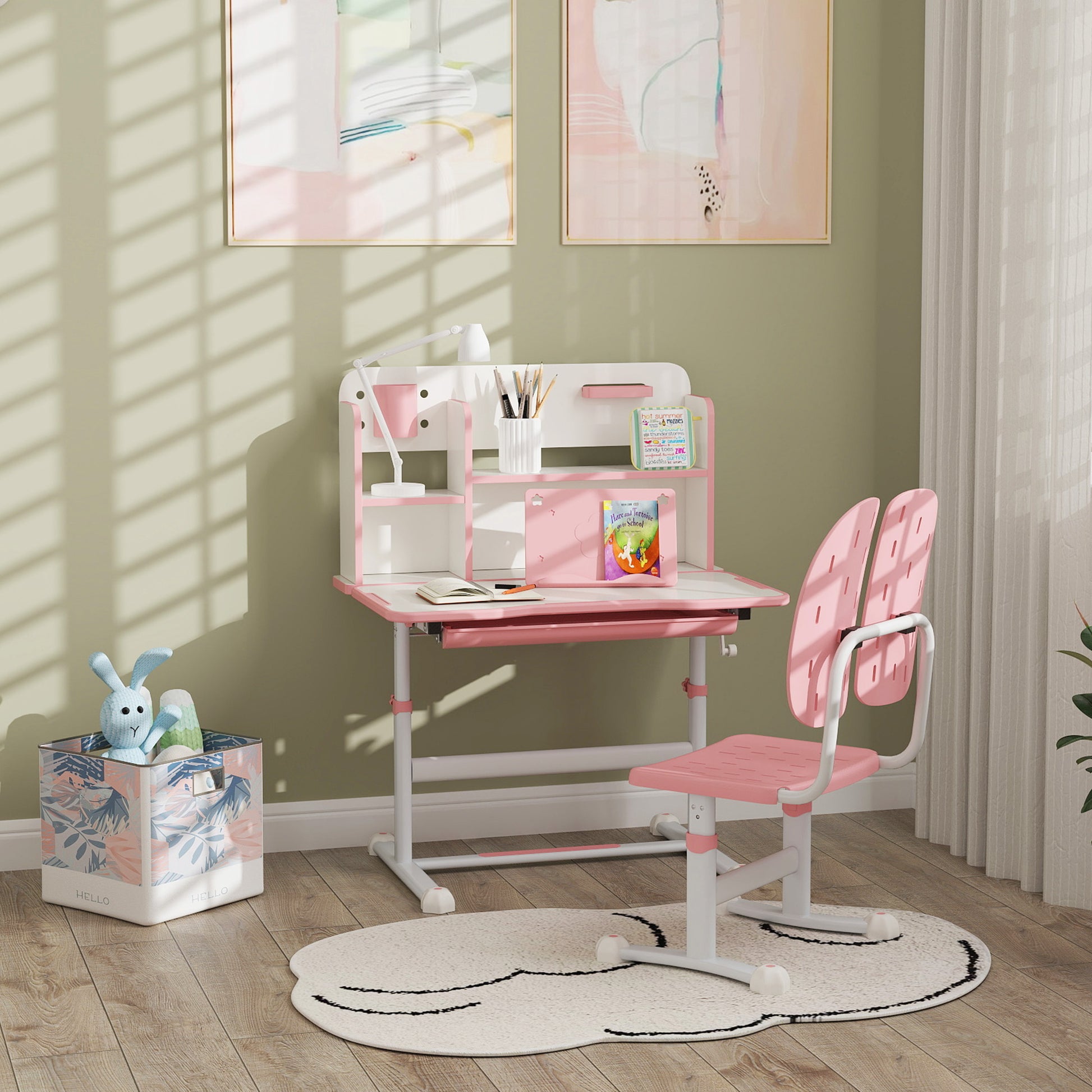 Qaba Adjustable Height Kids Desk and Chair Set, Kids Study Table and Chair with Tilt Desktop, Drawer, Reading Rack, Pink