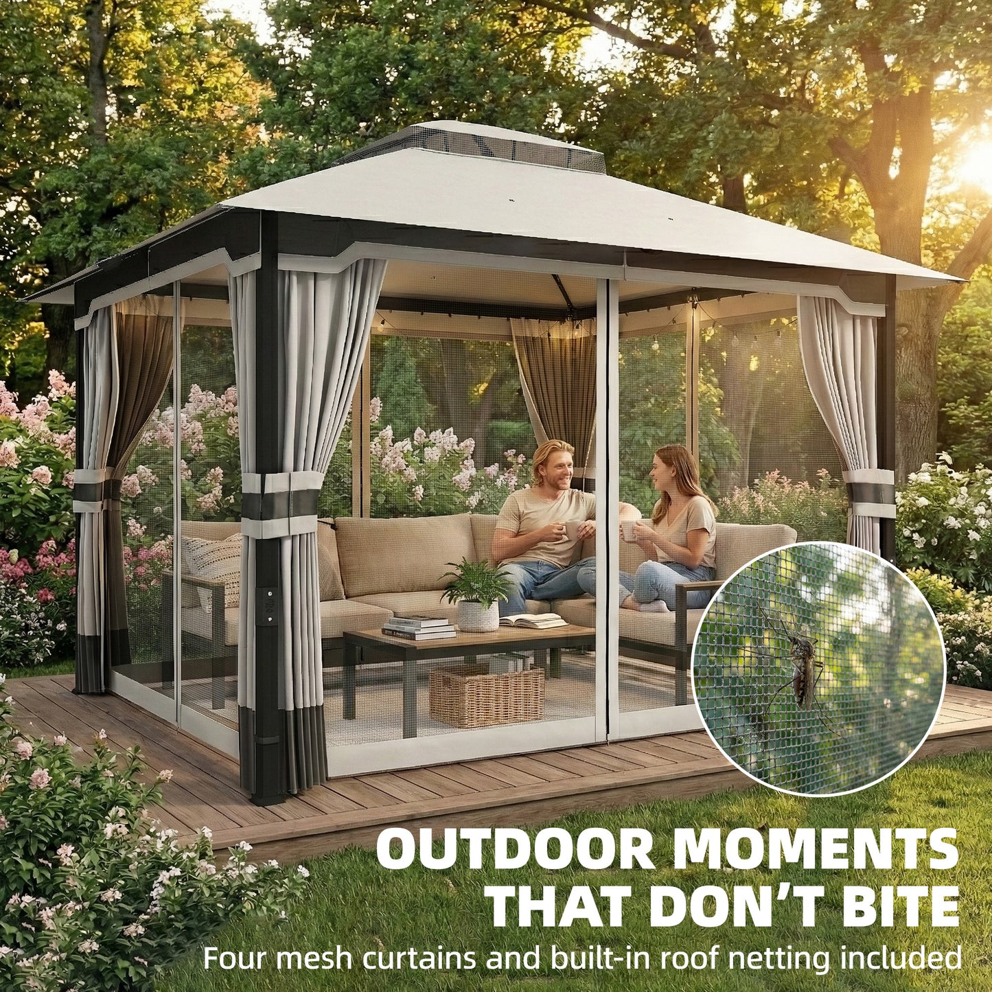 10' x 12' Patio Gazebo, Double Roof Outdoor Gazebo Canopy Shelter with Netting and Curtains, Steel Frame, Light Grey