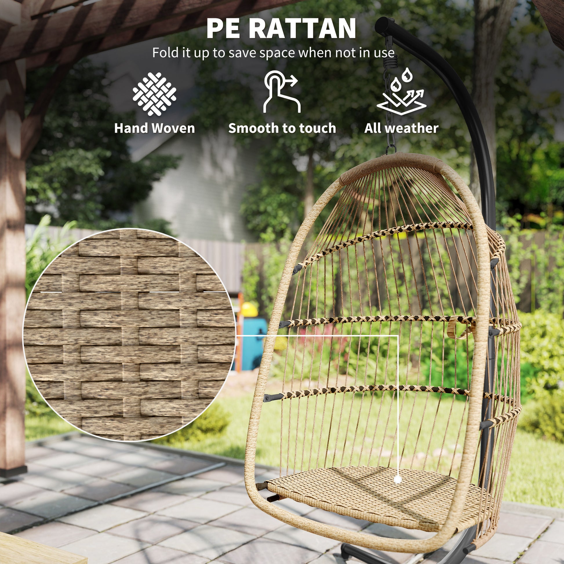 Wicker Egg Swing Chair with Stand, Foldable Hanging Egg Chair with UV Resistant Cushion, Headrest, Beige