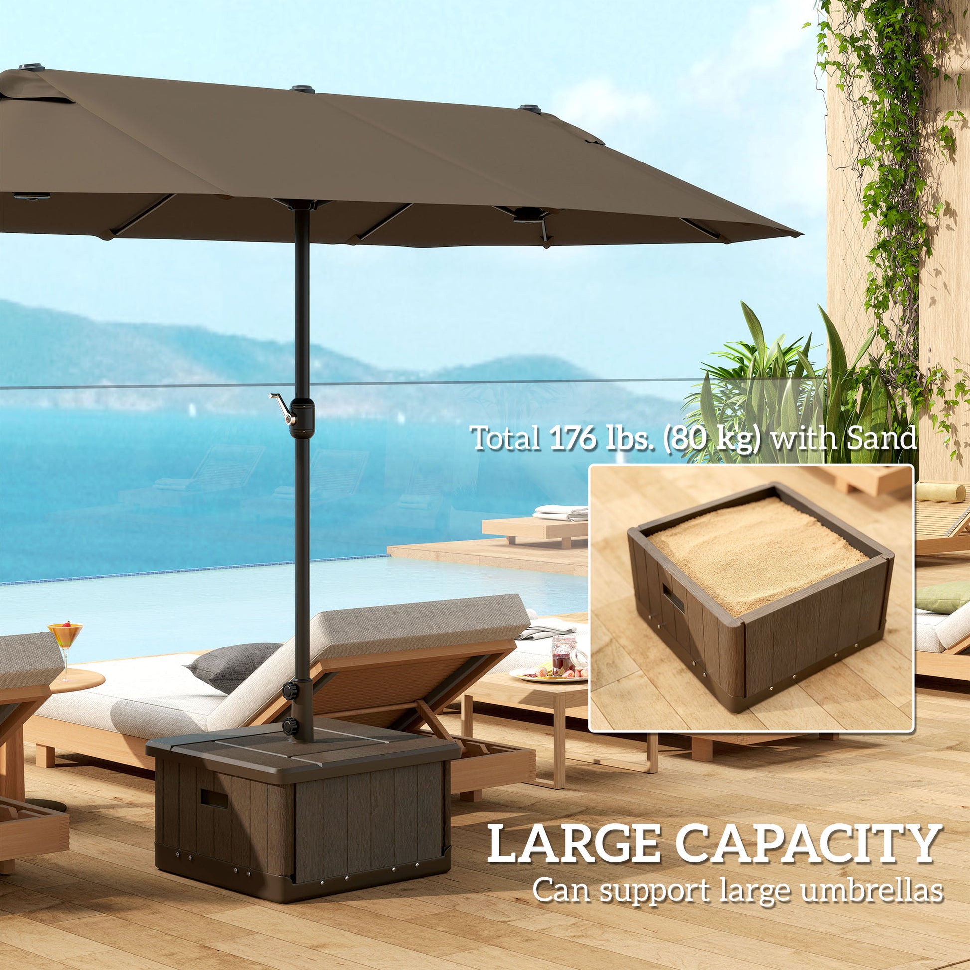 3-in-1 Outdoor Umbrella Base with Wheels and Handles, End Table, Flower Box Planter with Hole, 176 lbs. Capacity, Brown