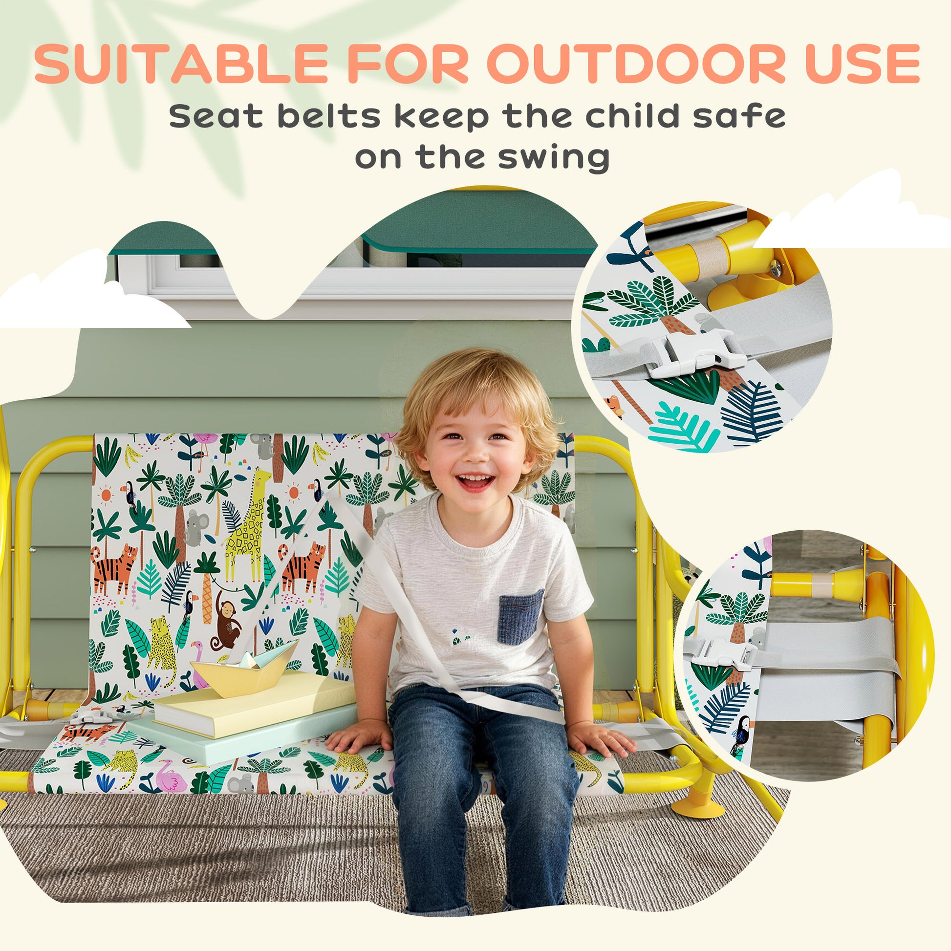 Qaba Kids Porch Swing, 2-Seater Patio Swing Bench with Safety Belts, Adjustable Canopy for Backyard, Garden, Green