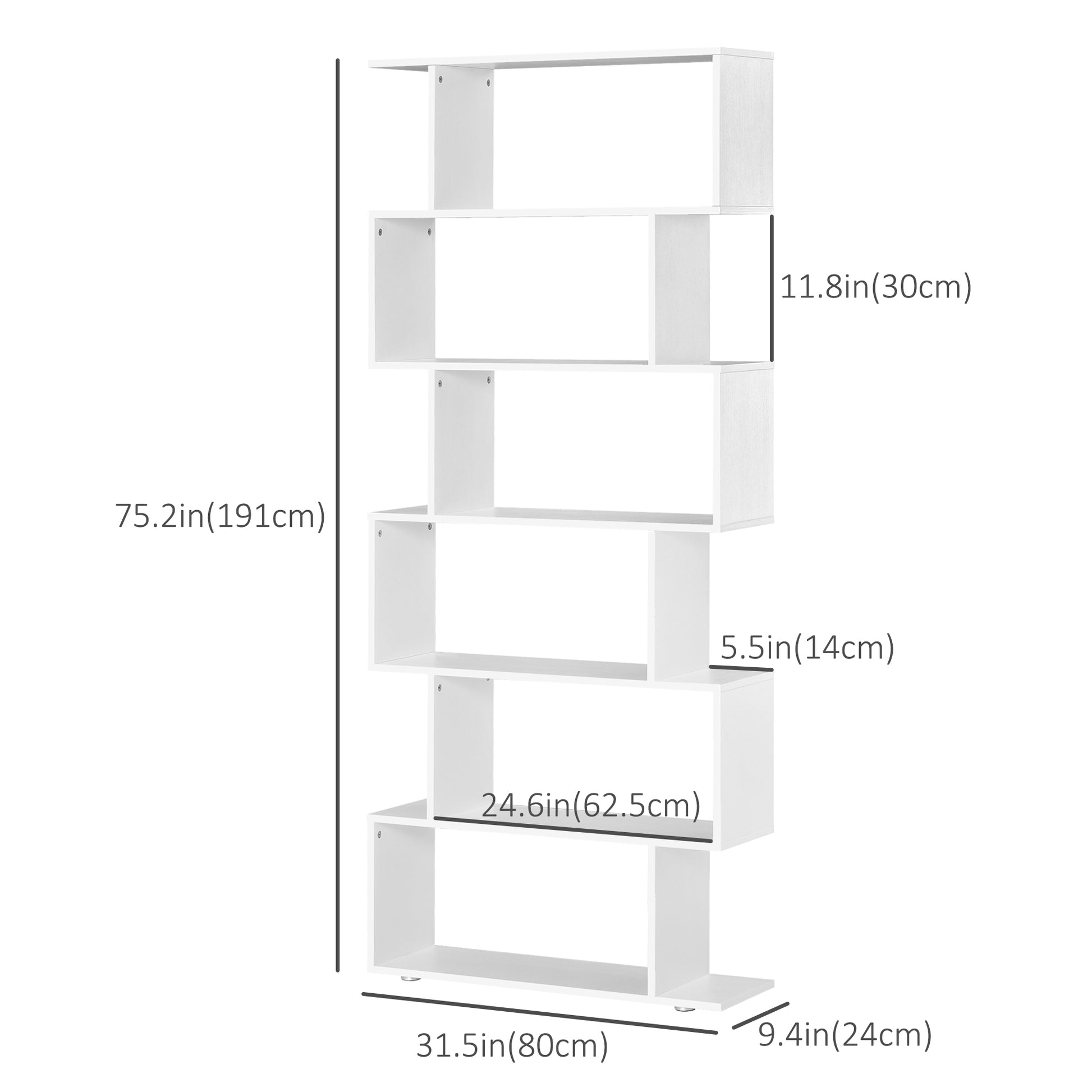 76" 6-Tier Geometric Wooden Bookcase S Shaped Storage Display Bookshelf Modern shelf Open Concept Living Room Home Office Furniture, White