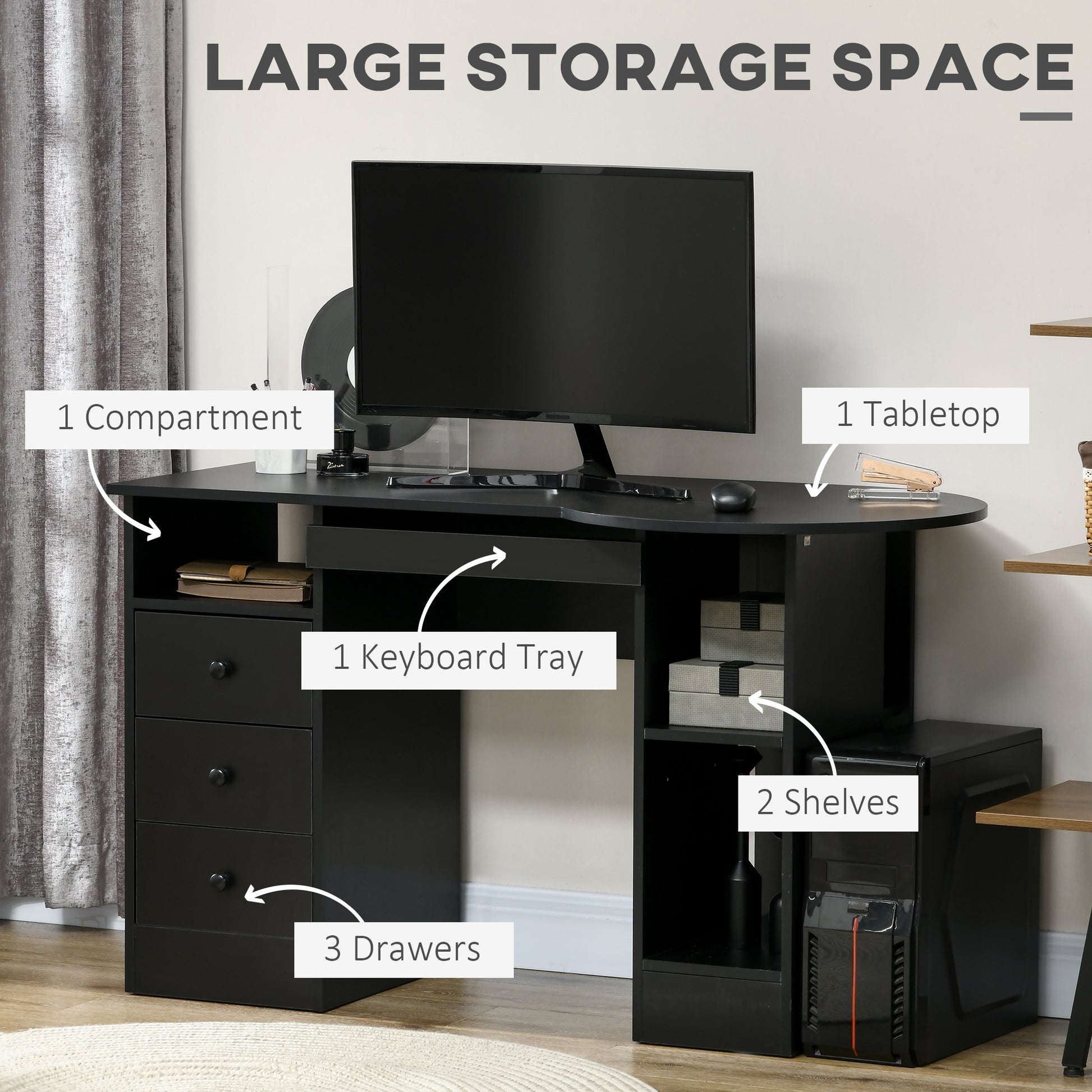 Computer Desk with Storage, Home Office Laptop Table with Shelves and Drawers, Modern Workstation Desk with Keyboard Tray for Study, Living Room, Black