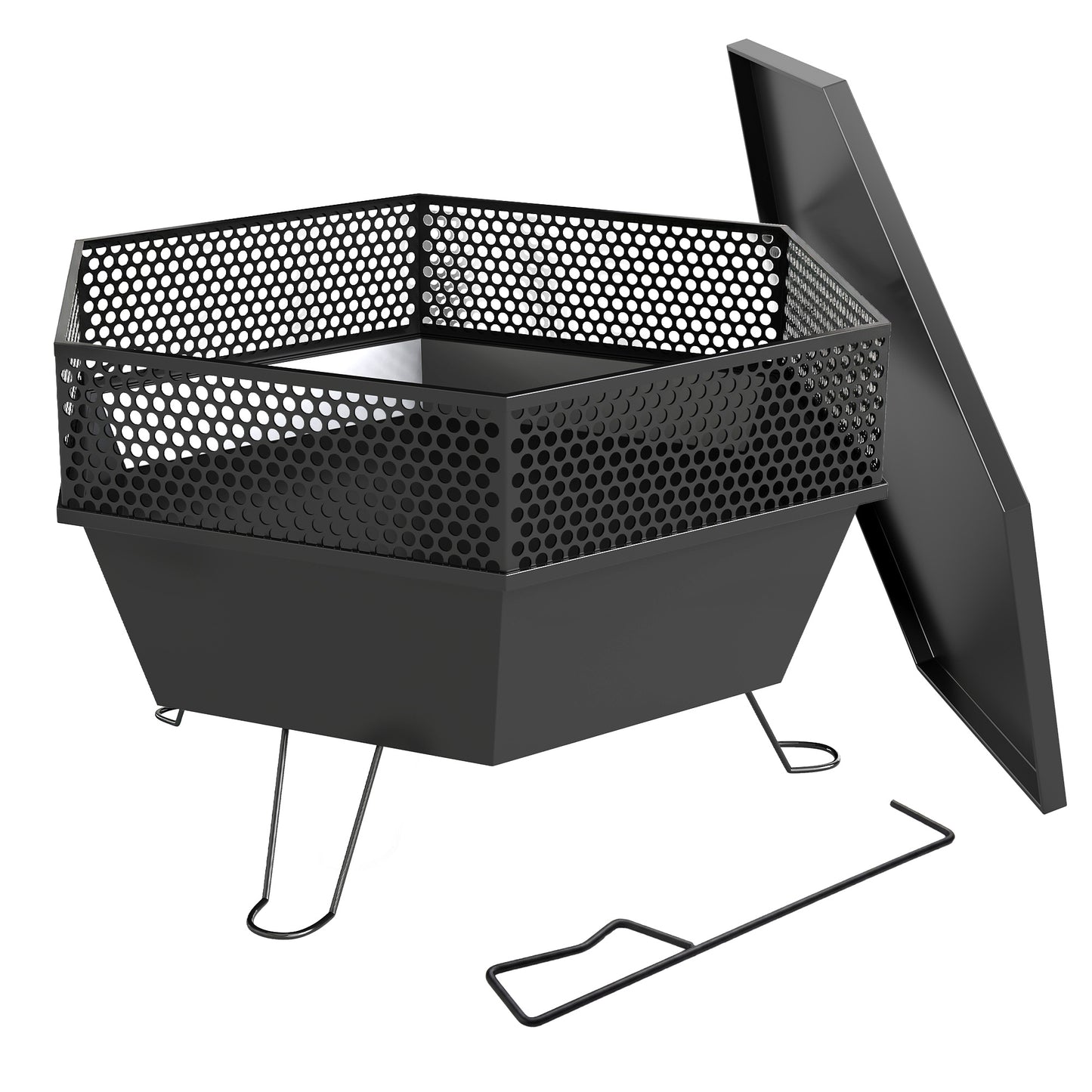 20" Fire Pit with Fire Poker, Foldable Wood Burning Firepits with Lid, Portable Firepit, Black