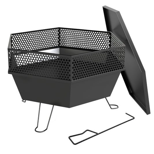 20" Fire Pit with Fire Poker, Foldable Wood Burning Firepits with Lid, Portable Firepit, Black