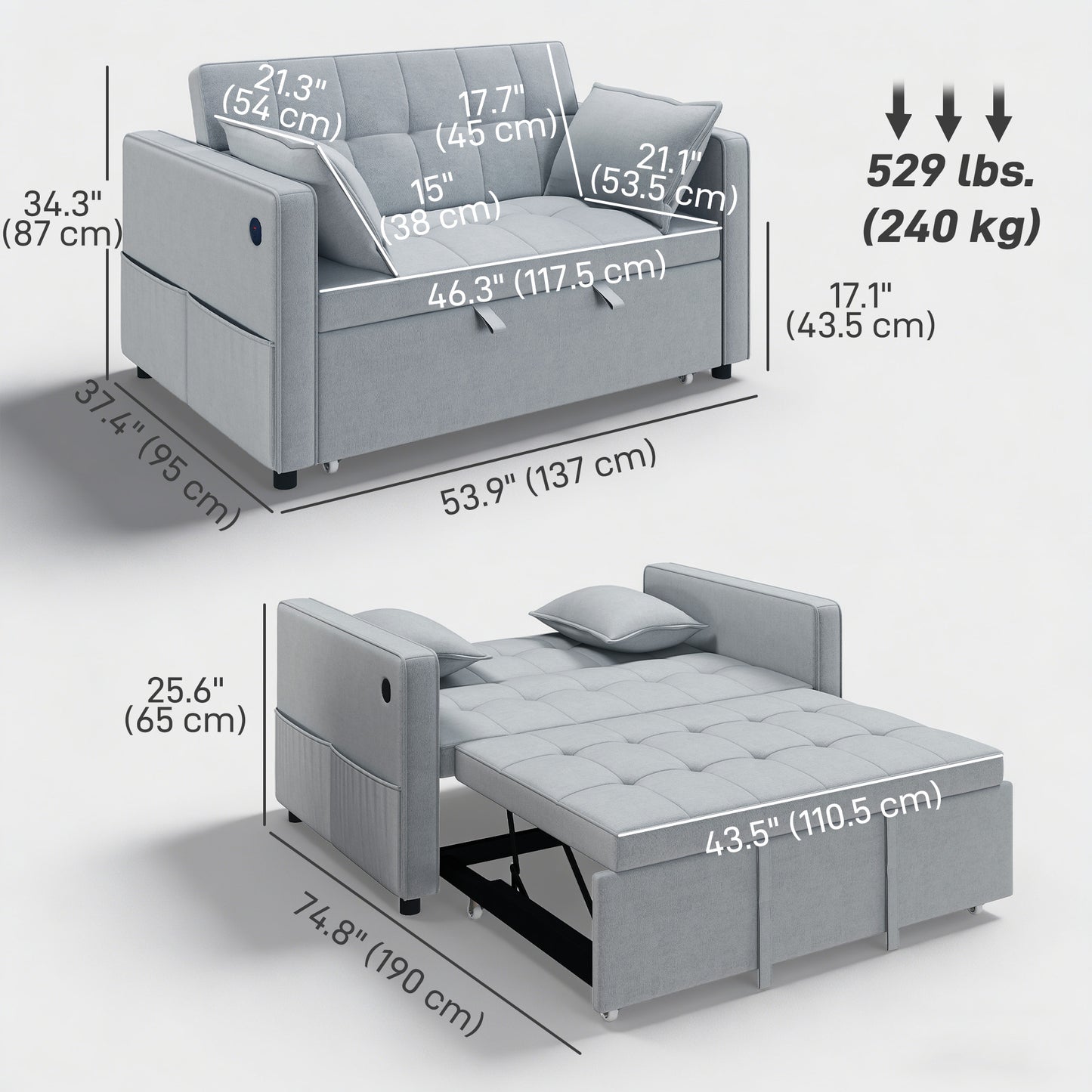 3‑in‑1 Double Sofa Bed, Pull Out Sleeper Sofa with USB Charging, Adjustable Backrest, Side Pockets, Light Grey