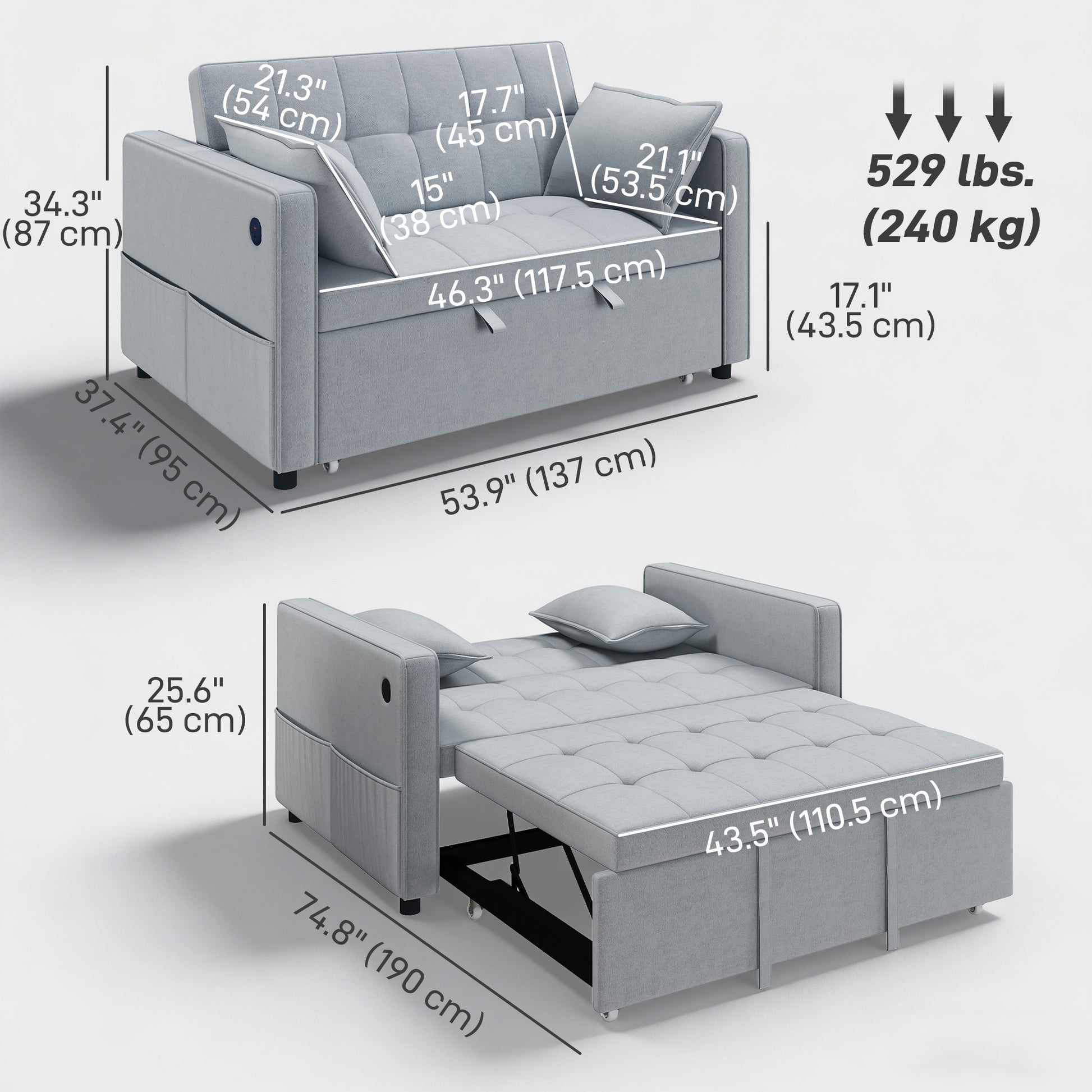 3‑in‑1 Double Sofa Bed, Pull Out Sleeper Sofa with USB Charging, Adjustable Backrest, Side Pockets, Light Grey